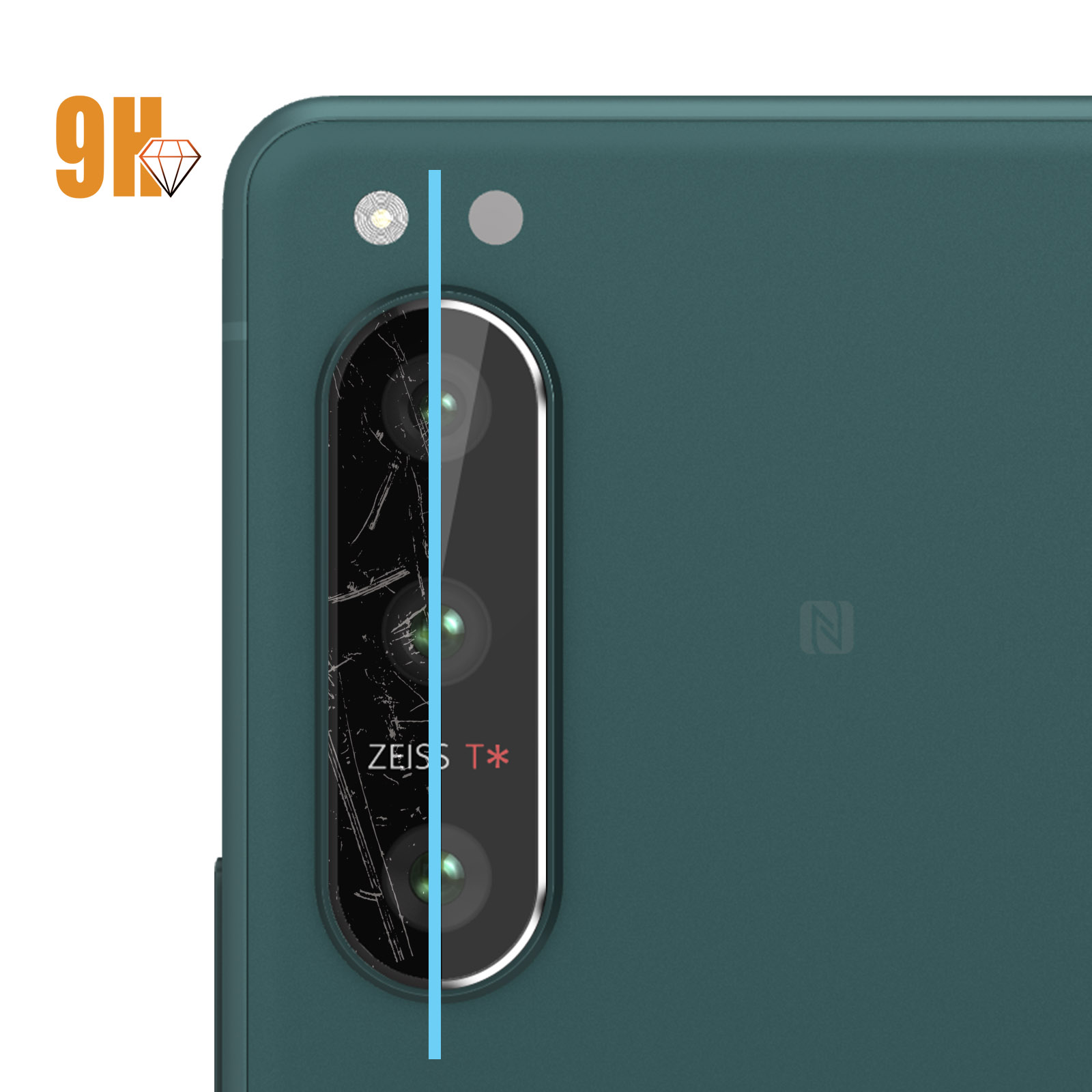 Primo piano di un telefono con lente della fotocamera rotta. Il retro del telefono verde acqua ha un modulo fotocamera con marchio Zeiss e una linea azzurra.