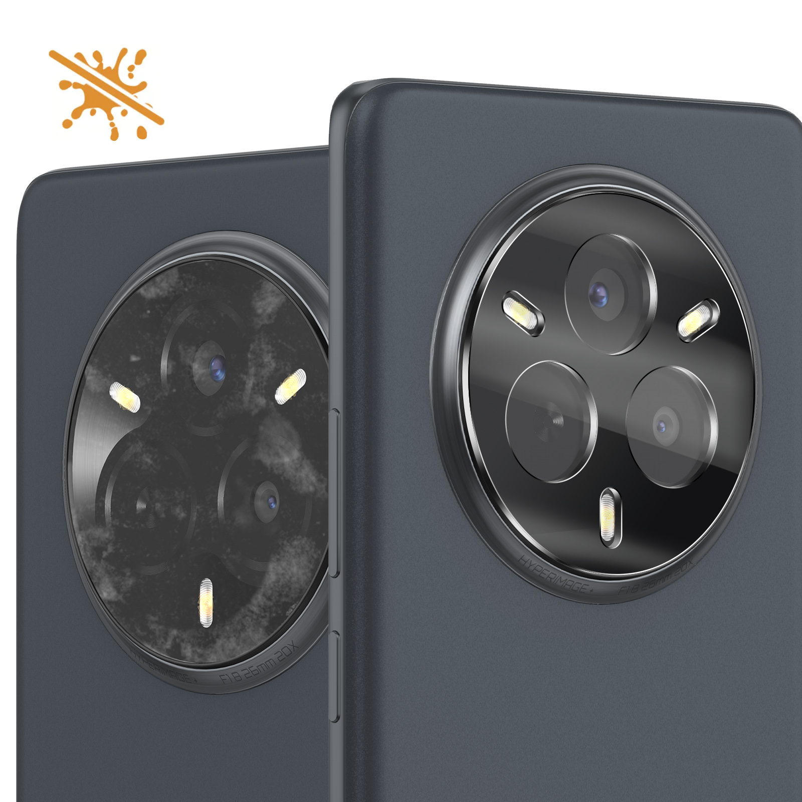 Sono mostrati due moduli fotocamera di smartphone grigio scuro, con più lenti e un design circolare. Un'icona di schizzo è sopra.