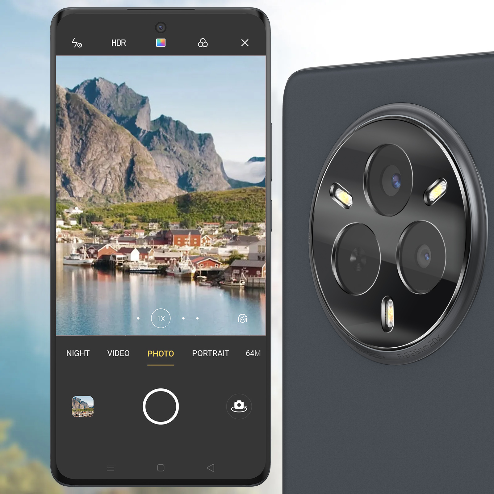 Uno smartphone mostra un paesaggio panoramico. La parte posteriore mostra un array di fotocamere. Lo schermo ha opzioni foto.