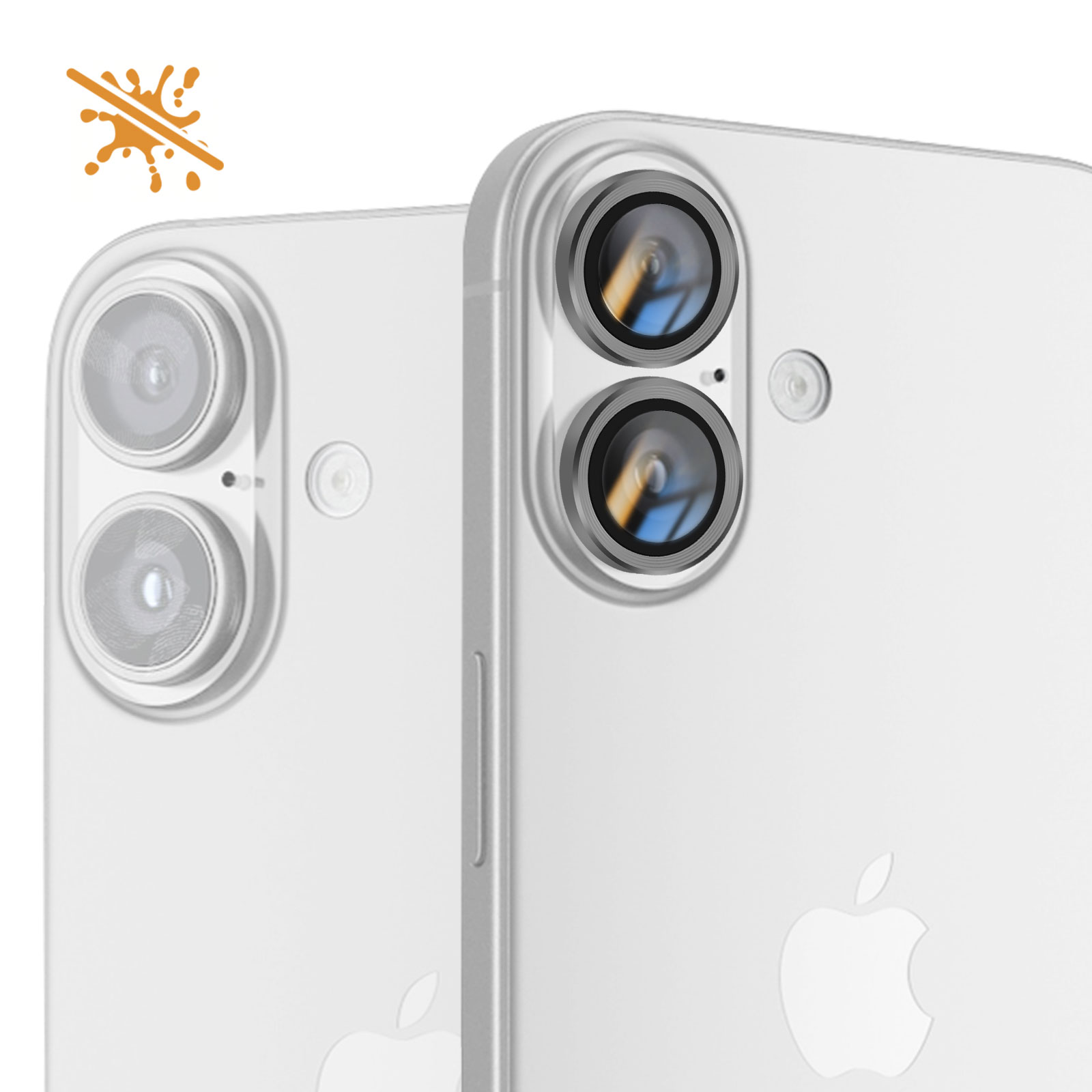 Dos smartphones blancos. Las lentes son claras y reflectantes. Uno tiene un icono de salpicadura con una barra.