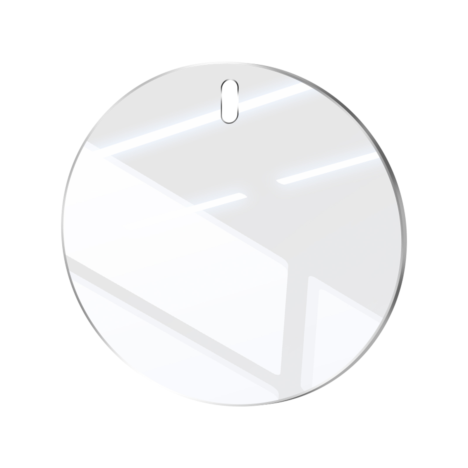 Un oggetto rotondo e trasparente con un foro in alto. Linee interne suggeriscono una superficie riflettente, con luce e ombra.