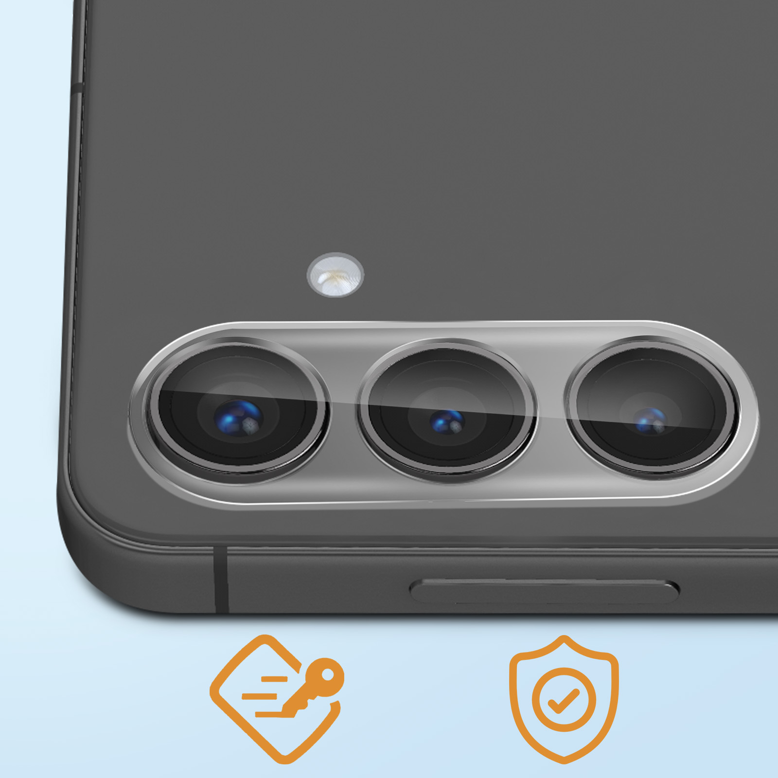 Parte trasera de un smartphone con tres lentes de cámara, un flash e iconos de seguridad sobre fondo azul.