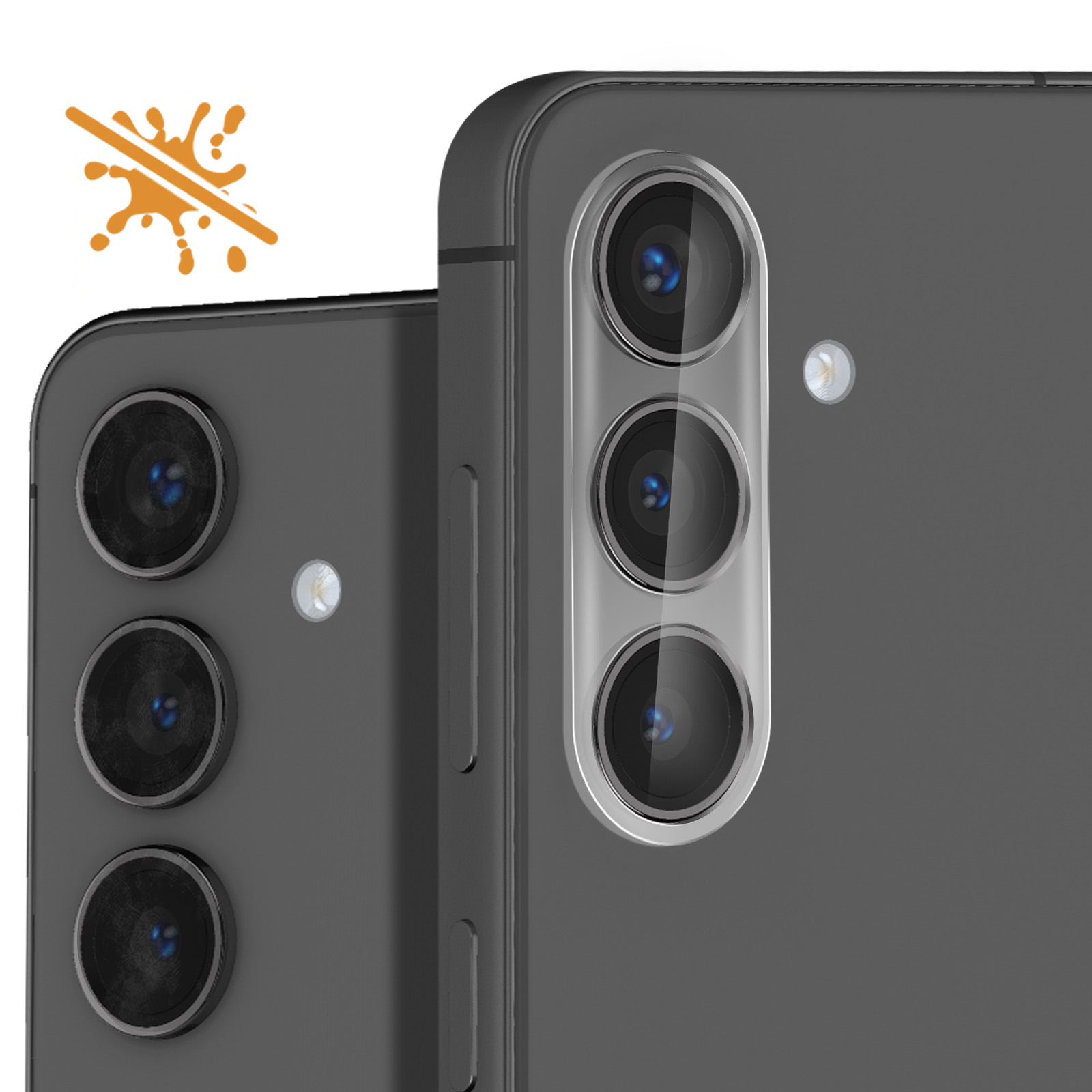 Primer plano de la parte trasera de un smartphone. La imagen destaca tres lentes de cámara y un flash. Un símbolo de no salpicaduras está en la esquina.
