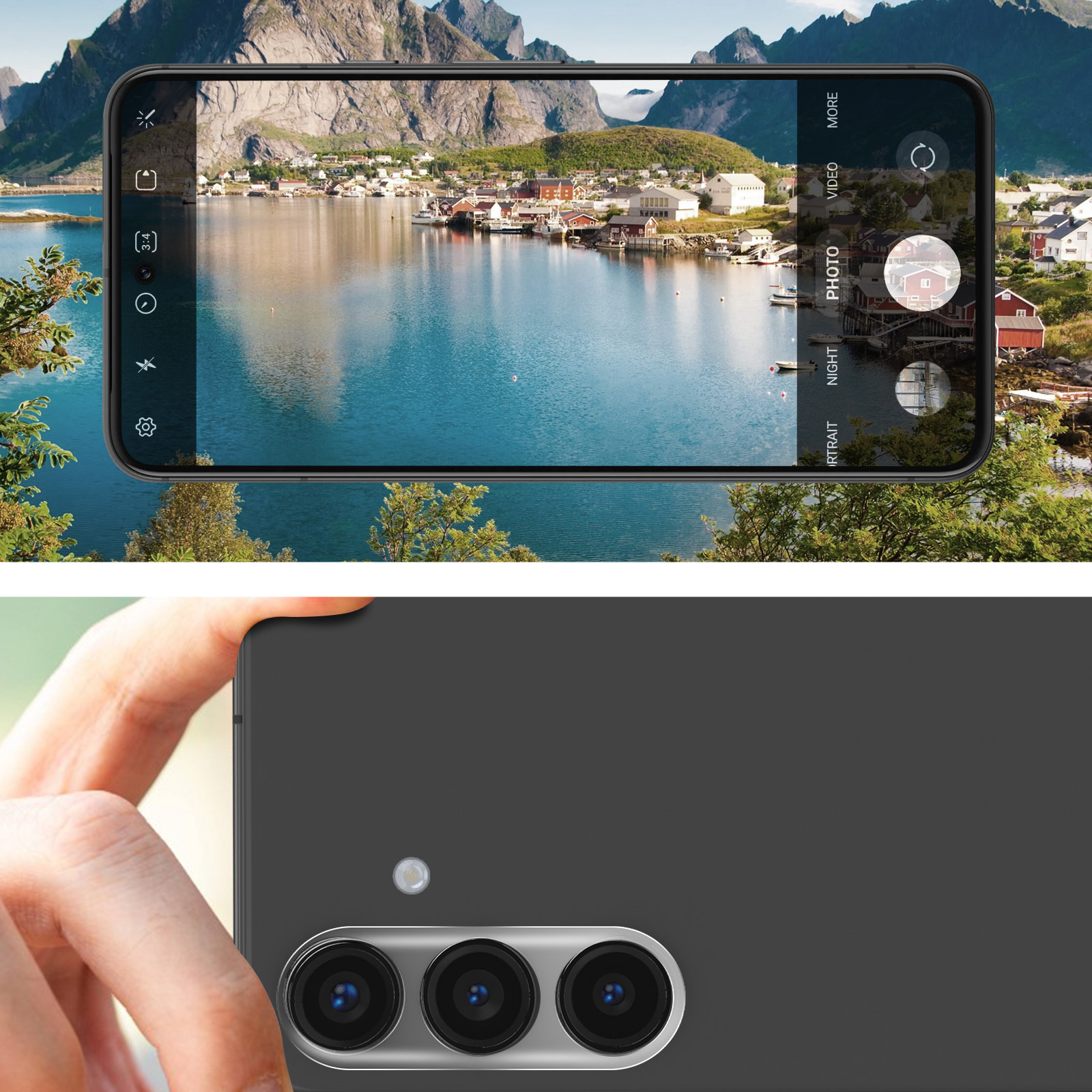 Teléfono tomando fotos de un paisaje escénico con montañas y un pueblo. El teléfono está en una mano.