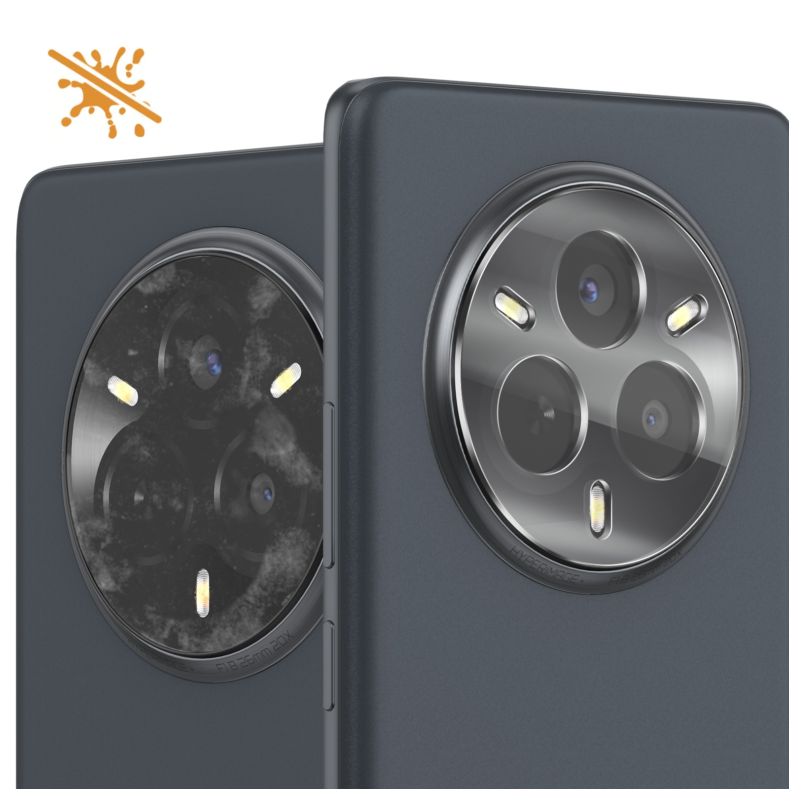 Due schienali di smartphone grigio scuro. Ognuno ha un grande array di fotocamere circolari con più lenti e flash. È presente un'icona di schizzo arancione.