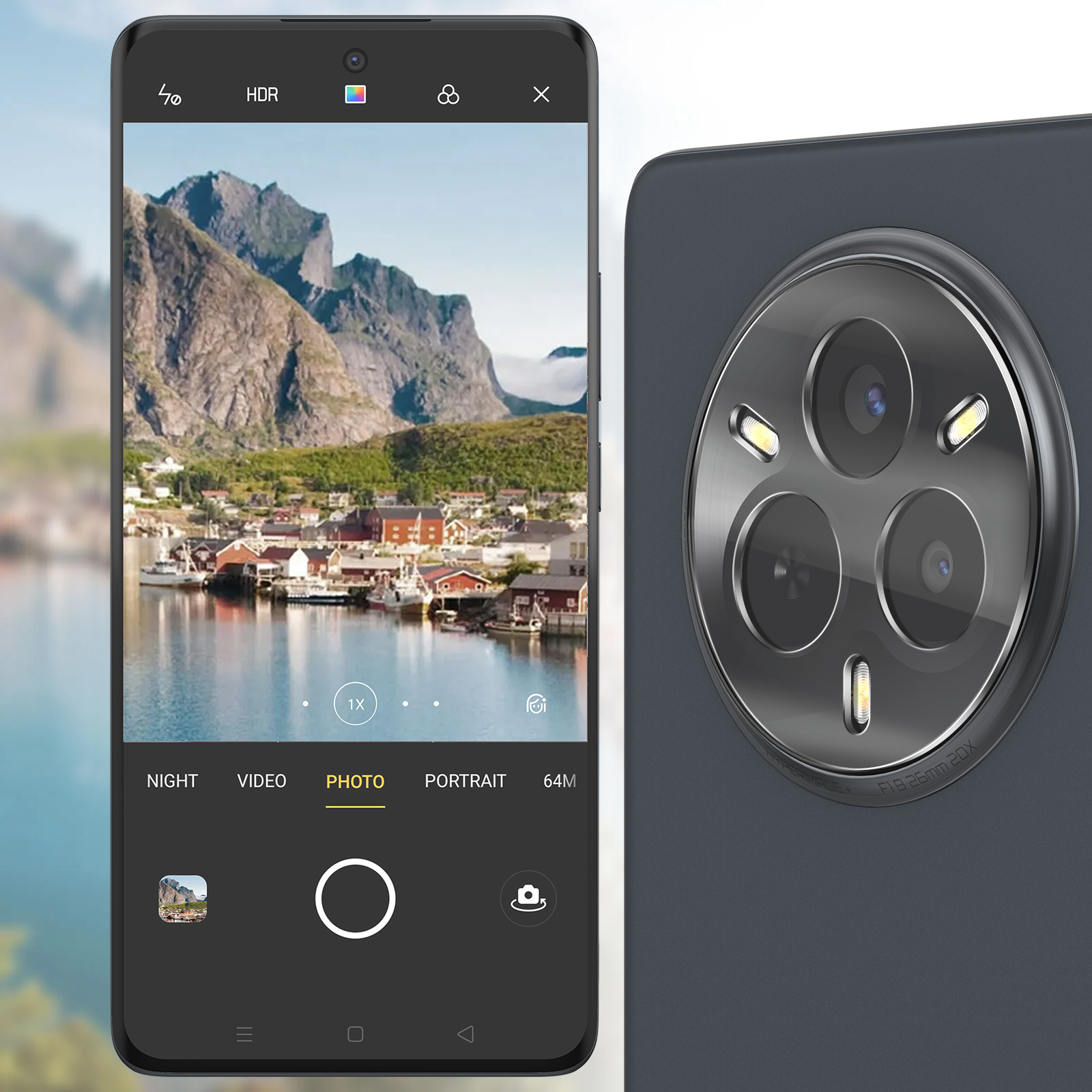 Lo smartphone mostra una foto di un paesaggio. Il retro mostra un sistema di fotocamere a tre lenti.
