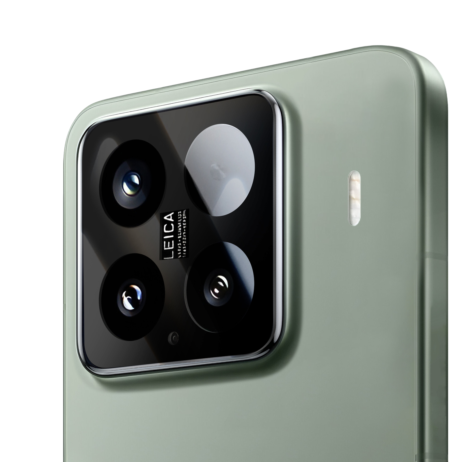 Primo piano del modulo fotocamera di uno smartphone verde con tre lenti e logo Leica, su sfondo bianco.