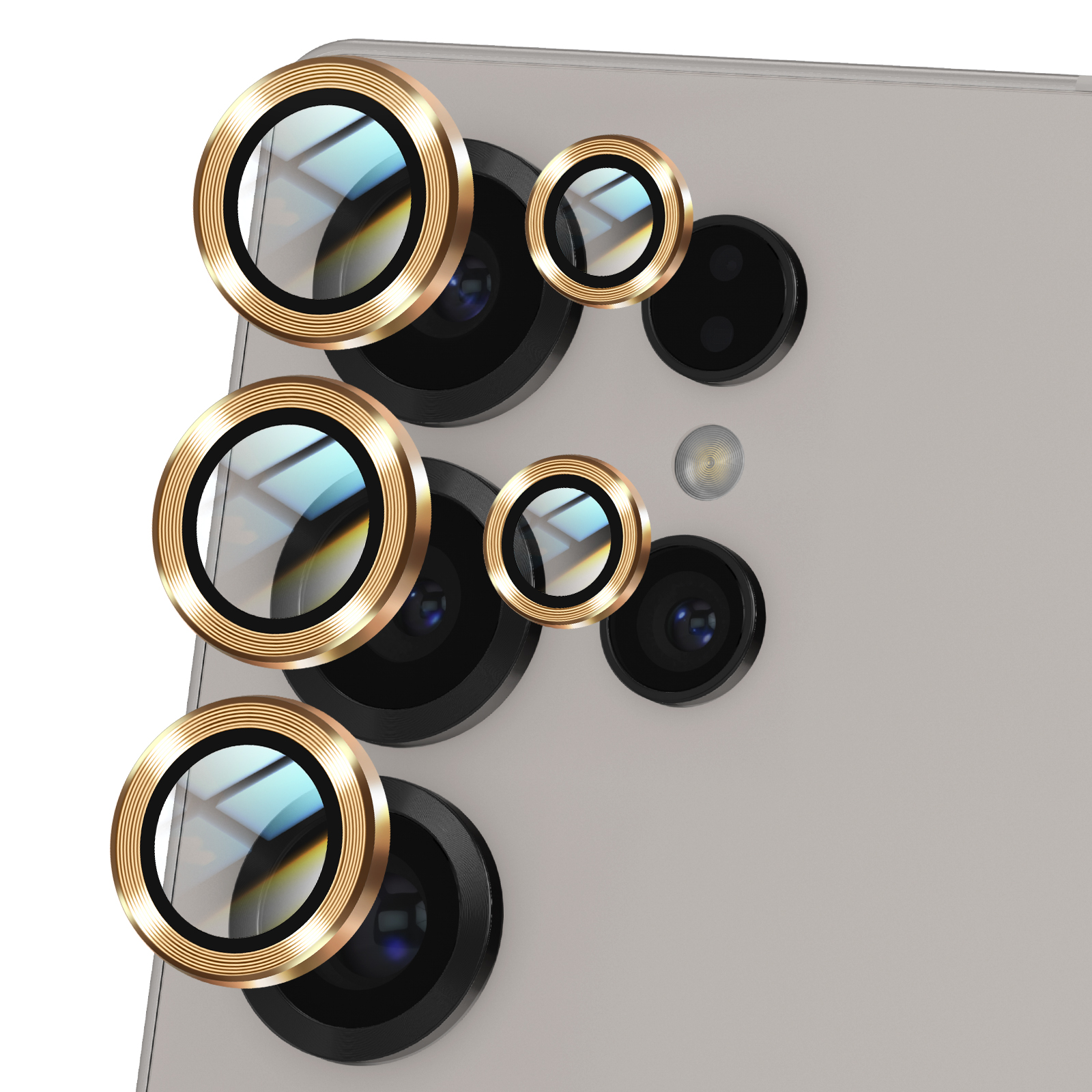 Retro di uno smartphone con più obiettivi. Le coperture delle lenti sono bordate d'oro, che circondano lenti nere. Il telefono è grigio chiaro.