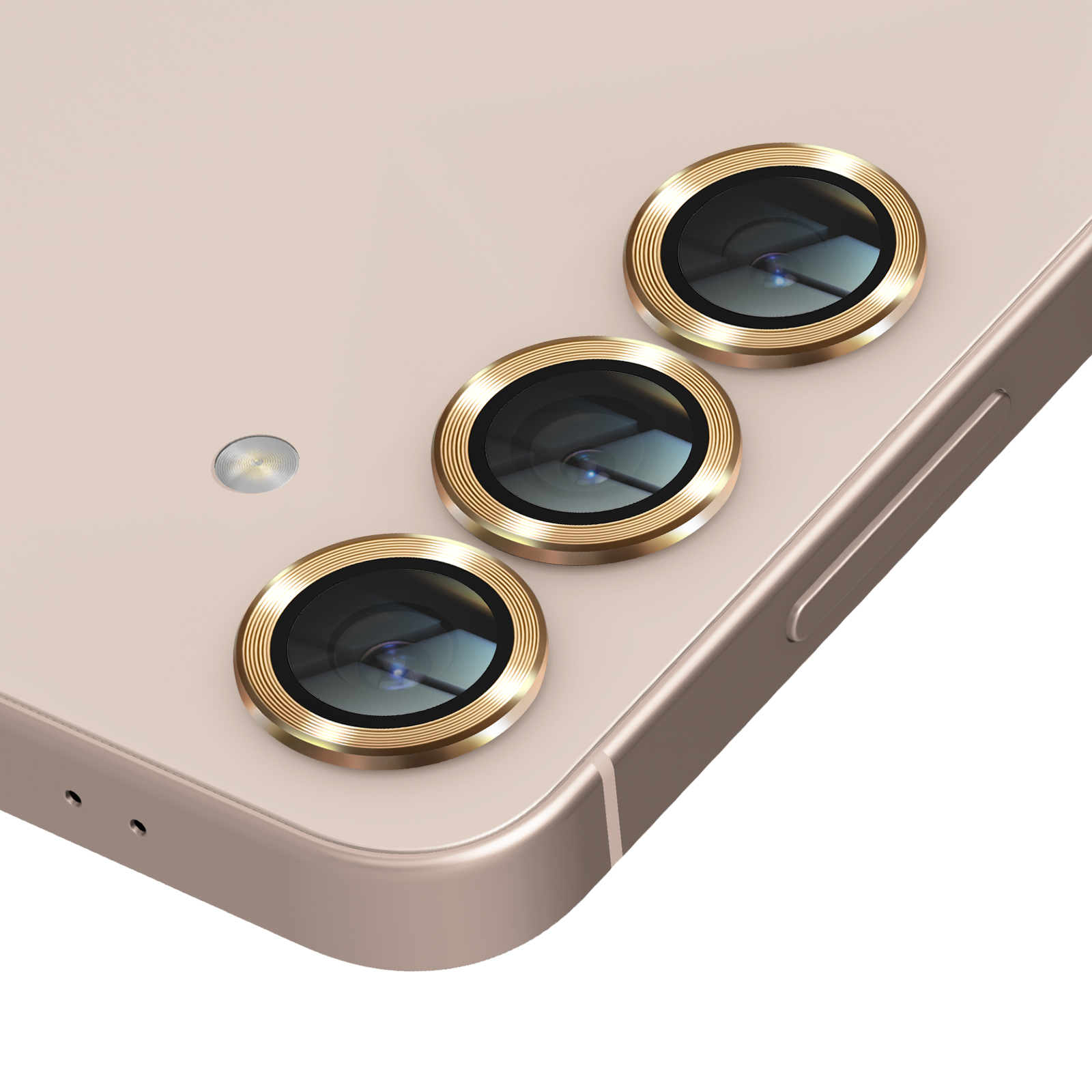 Un telefono con tre obiettivi, ciascuno circondato da un anello dorato. Il telefono è marrone chiaro.