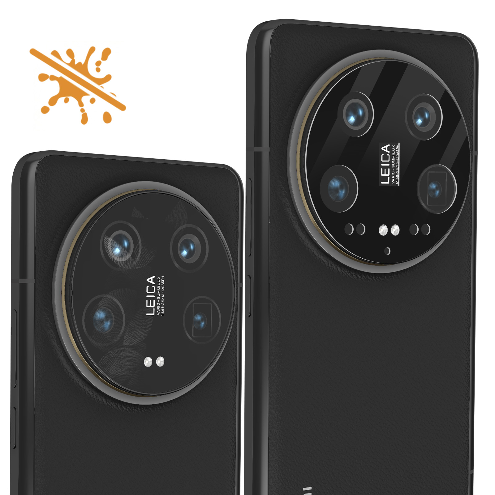 Due smartphone neri con fotocamere Leica. Uno ha un'icona di spruzzo. Le fotocamere hanno quattro lenti ciascuna, finiture dorate e marchio Leica.