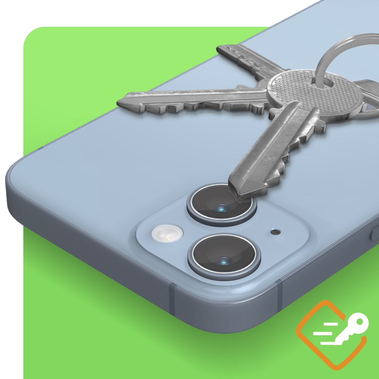 Un telefono azzurro con sopra delle chiavi d'argento. Lo sfondo è verde.