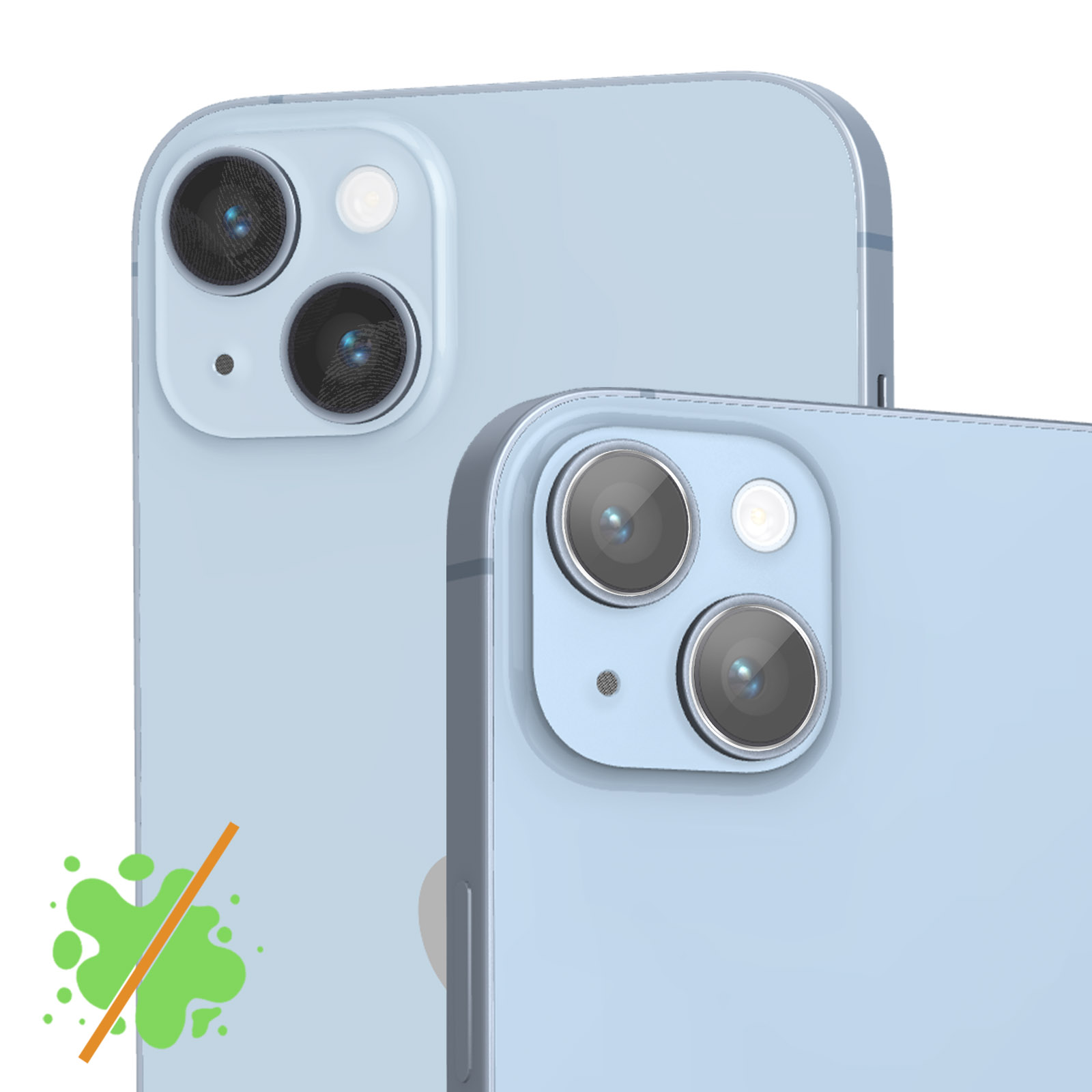 Due smartphone azzurri con lenti della fotocamera vengono visualizzati. Una macchia verde con una linea arancione è nell'angolo.