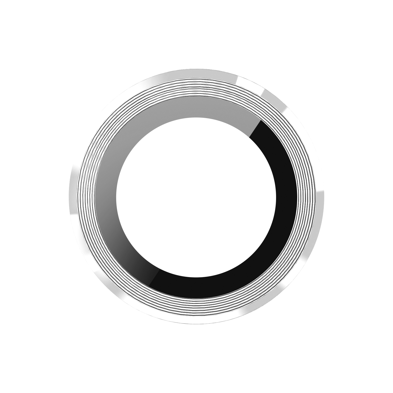 Un anillo metálico con círculos concéntricos, una banda gris y un segmento curvo negro, sobre un fondo blanco.