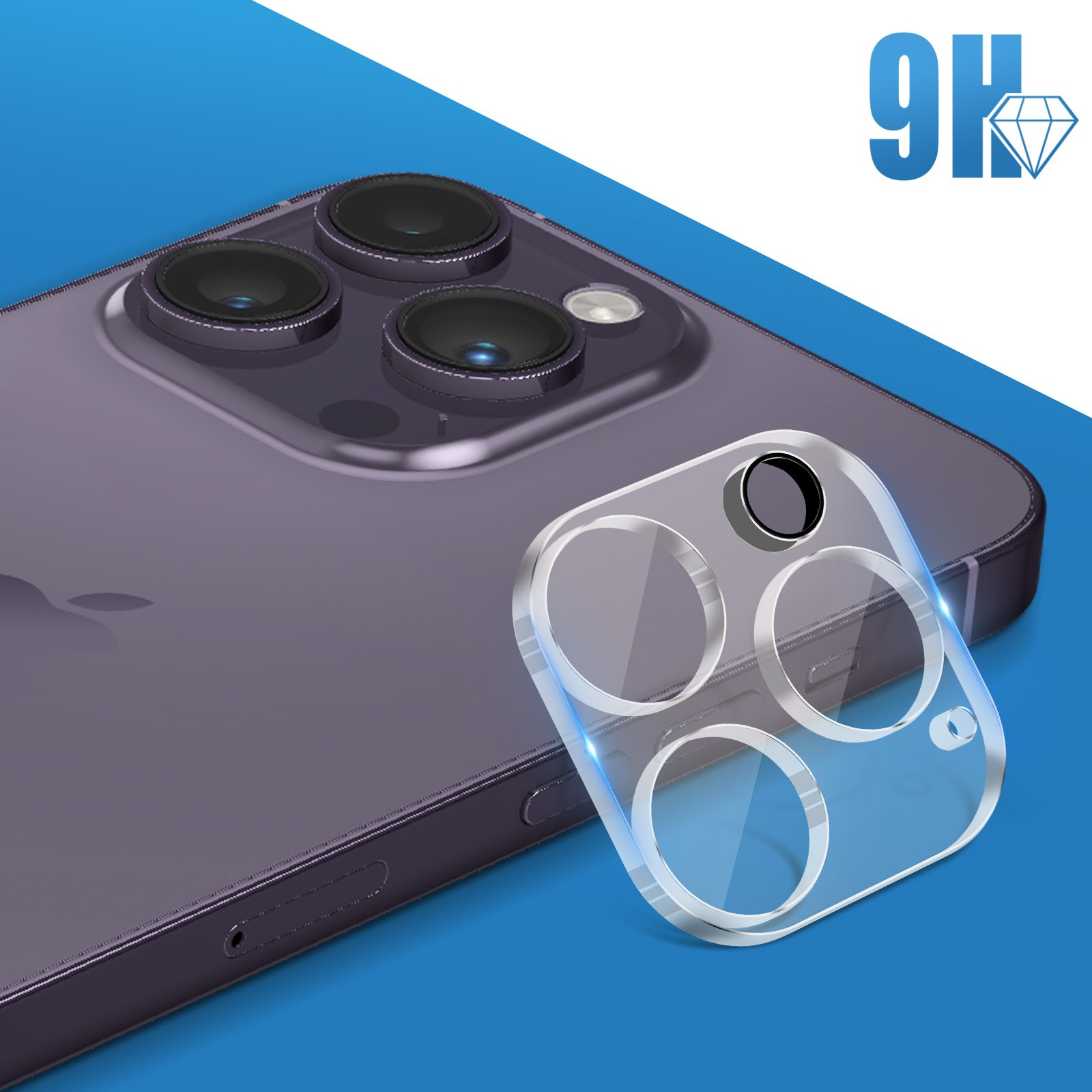 Un teléfono con tres cámaras y un protector de lente transparente. El fondo es azul y blanco. Un logotipo de diamante 9H es visible.