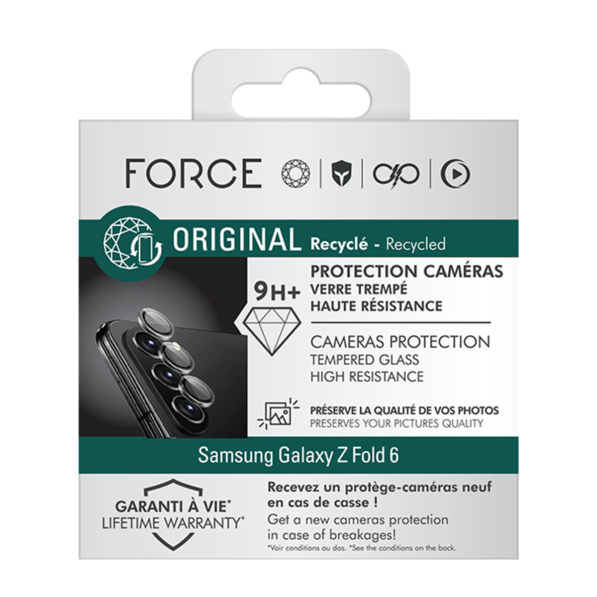 Una confezione di prodotto per una protezione fotocamera Samsung Galaxy Z Fold 6. Contiene testo in francese e inglese, con loghi e un'immagine della fotocamera del telefono.