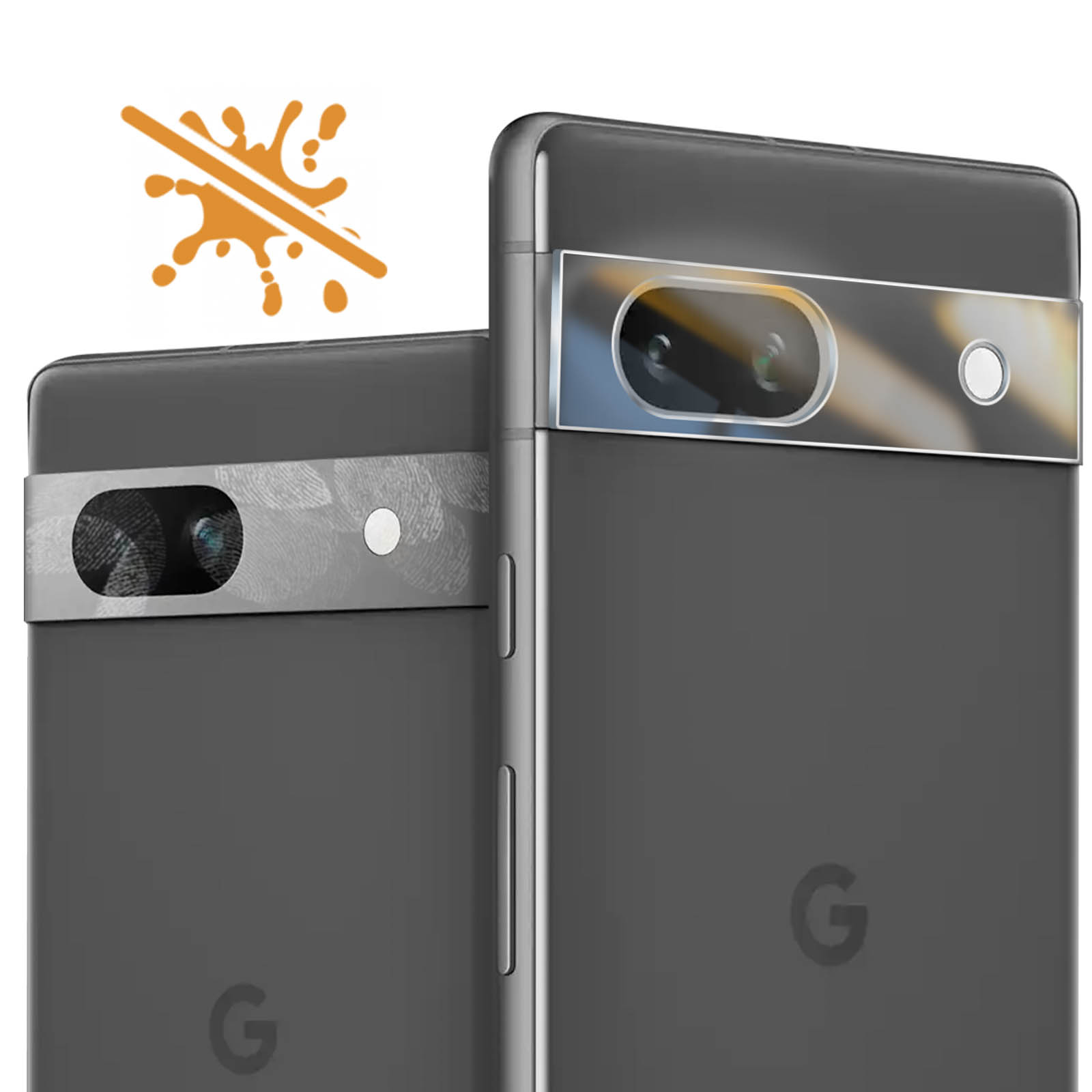 Due smartphone grigio scuro con barre della fotocamera. Il telefono in alto ha un obiettivo trasparente, l'altro un obiettivo più piccolo. Una macchia è sbarrata sopra.