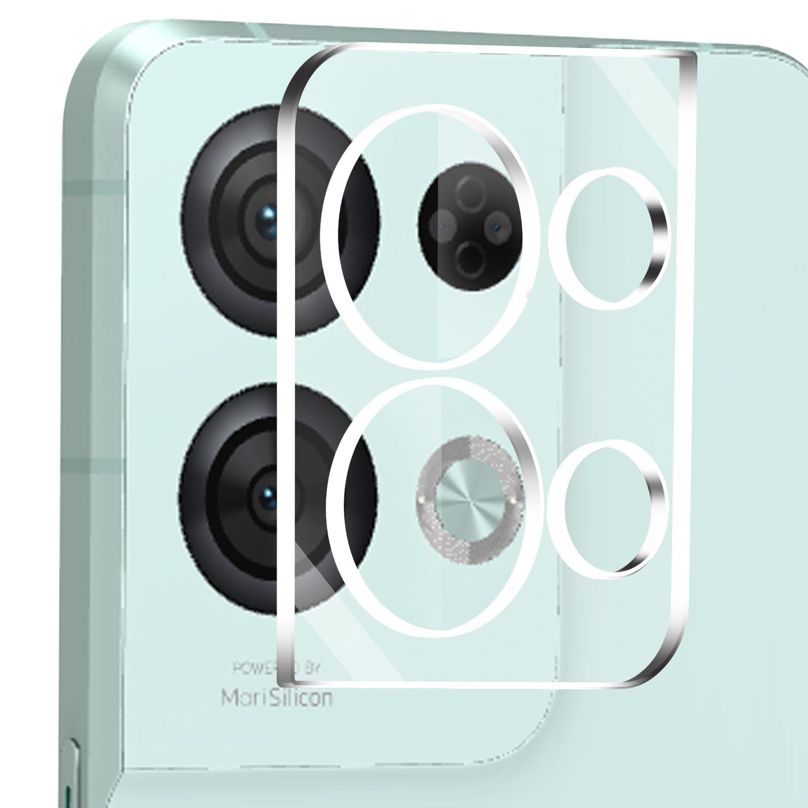 Parte trasera de un teléfono con múltiples lentes de cámara. Marco de cubierta transparente encima.