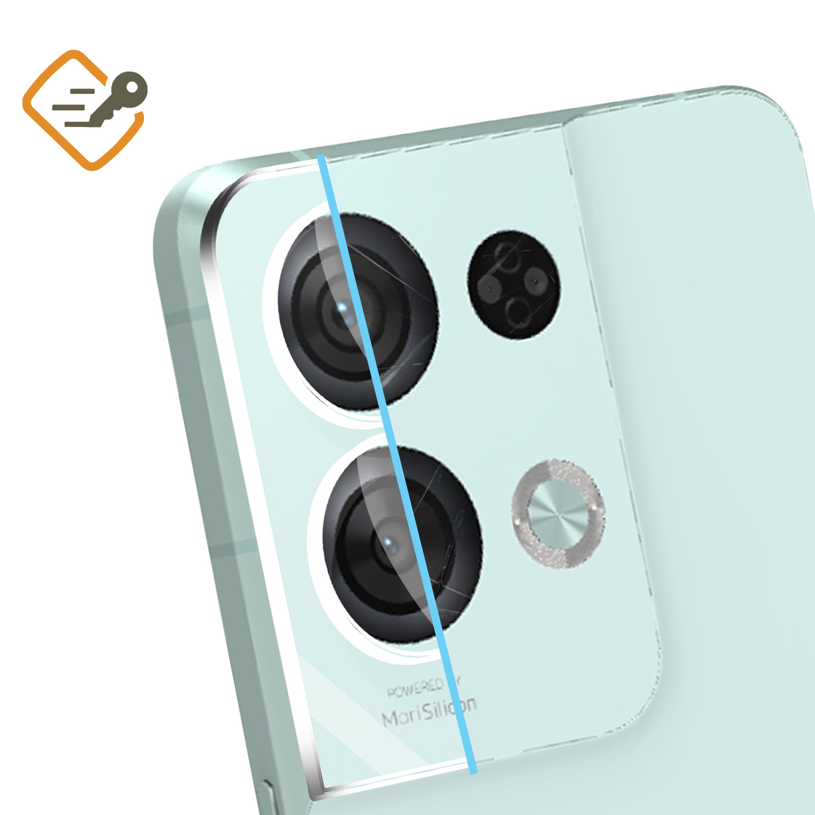Un teléfono verde claro con una matriz de cámaras. Una línea azul cruza las lentes. Un icono de llave en la esquina superior izquierda.
