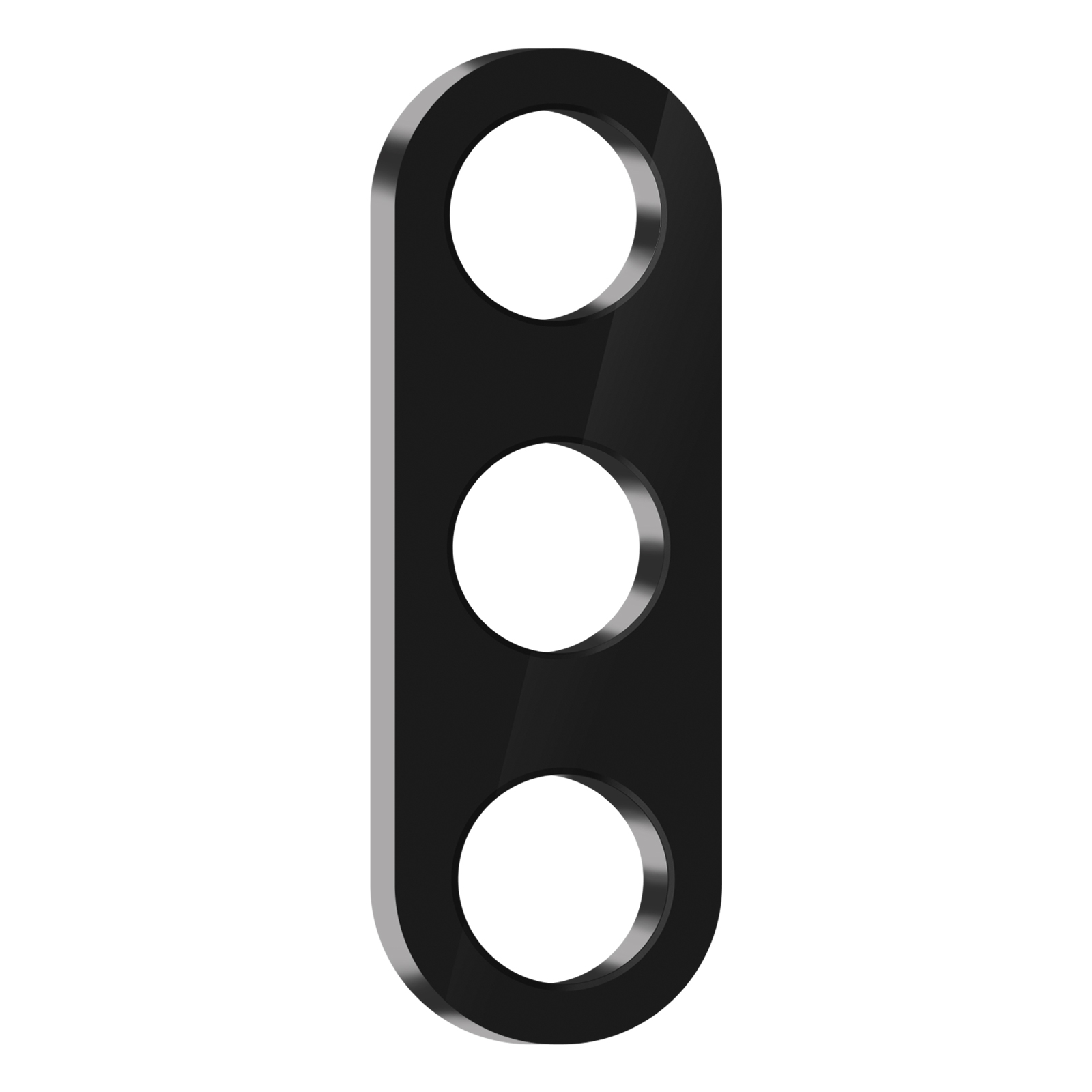 Un componente rettangolare nero con tre fori circolari. Ha un contorno argentato e si trova su uno sfondo bianco.
