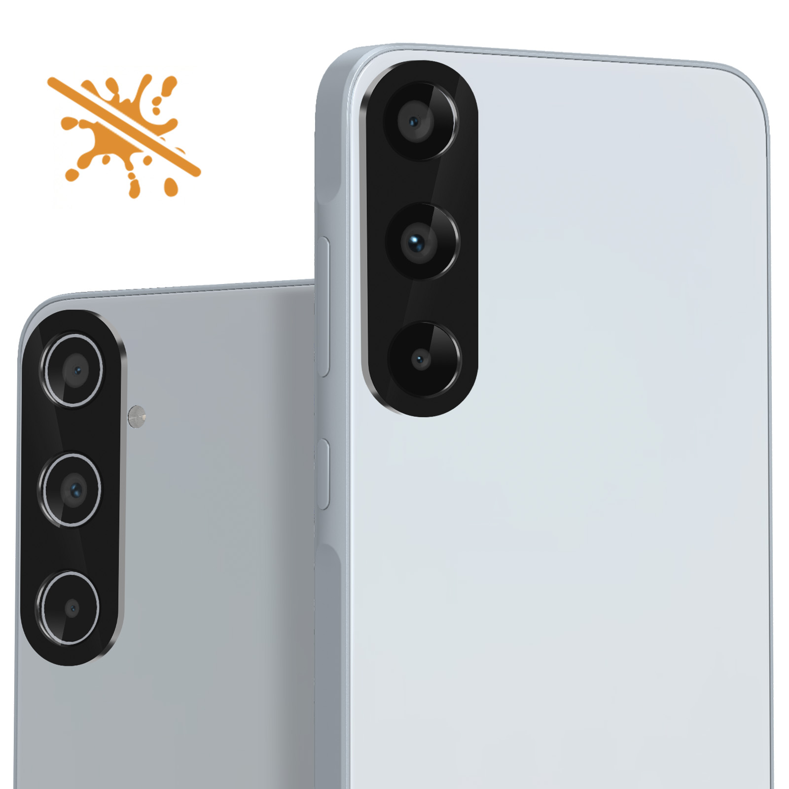 Due smartphone grigio chiaro con lenti nere. Una macchia arancione sbarrata in alto a sinistra.