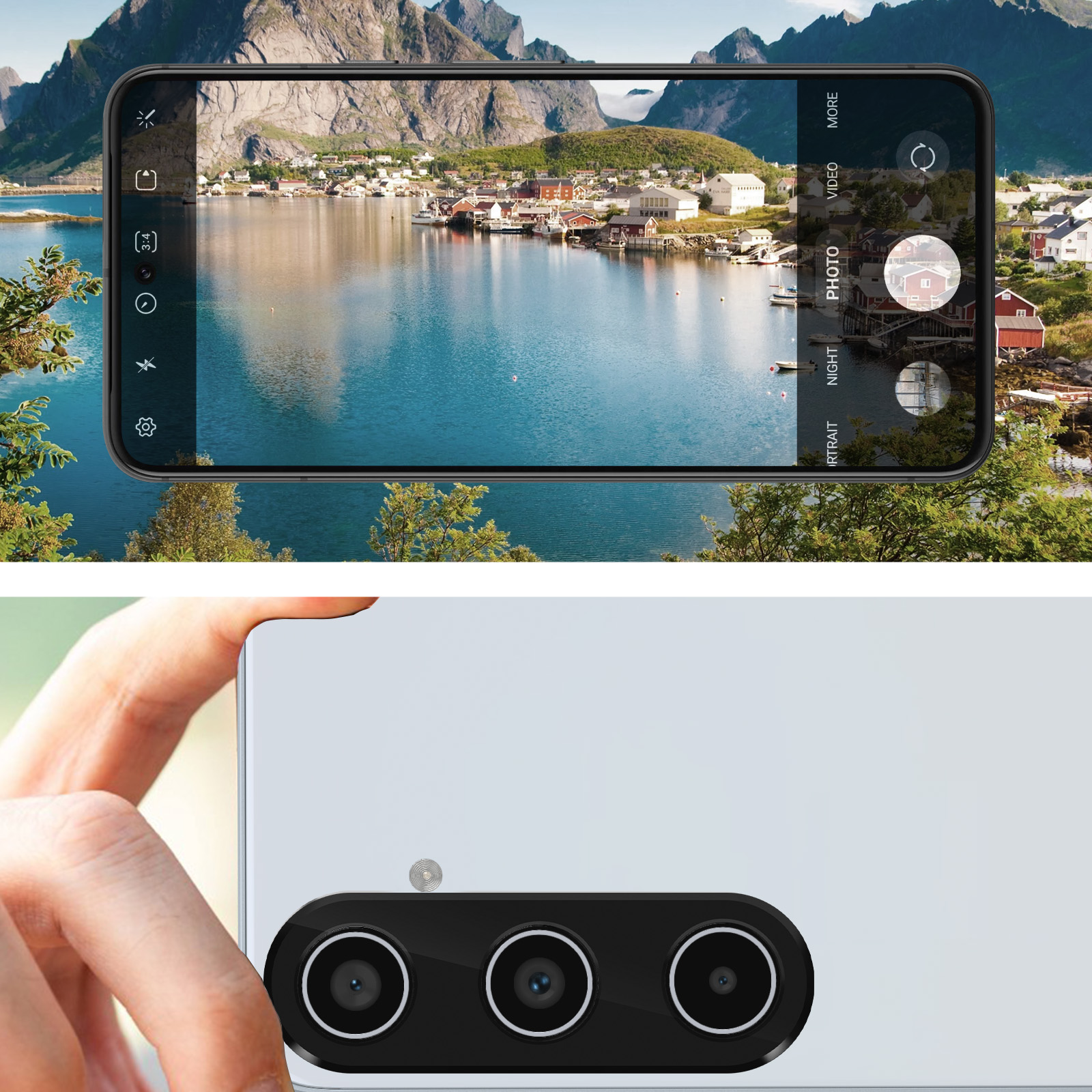 Telefono che scatta una foto di un paesaggio panoramico con montagne, acqua ed edifici. Telefono tenuto in mano, tripla fotocamera visibile.