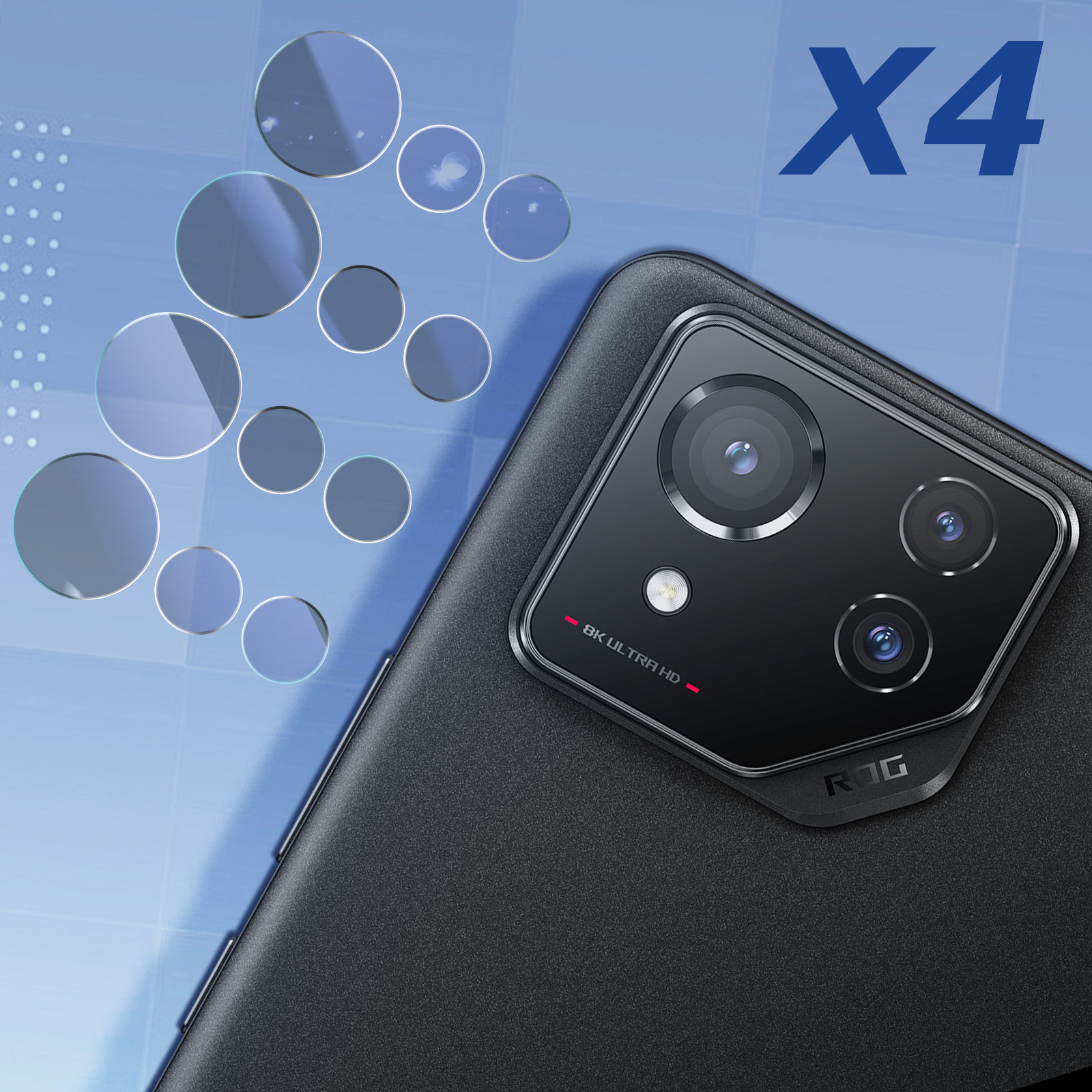 Viene mostrato un telefono nero con un modulo fotocamera. Lo sfondo è blu con cerchi. Il telefono è etichettato 'X4' e 'ROG'.