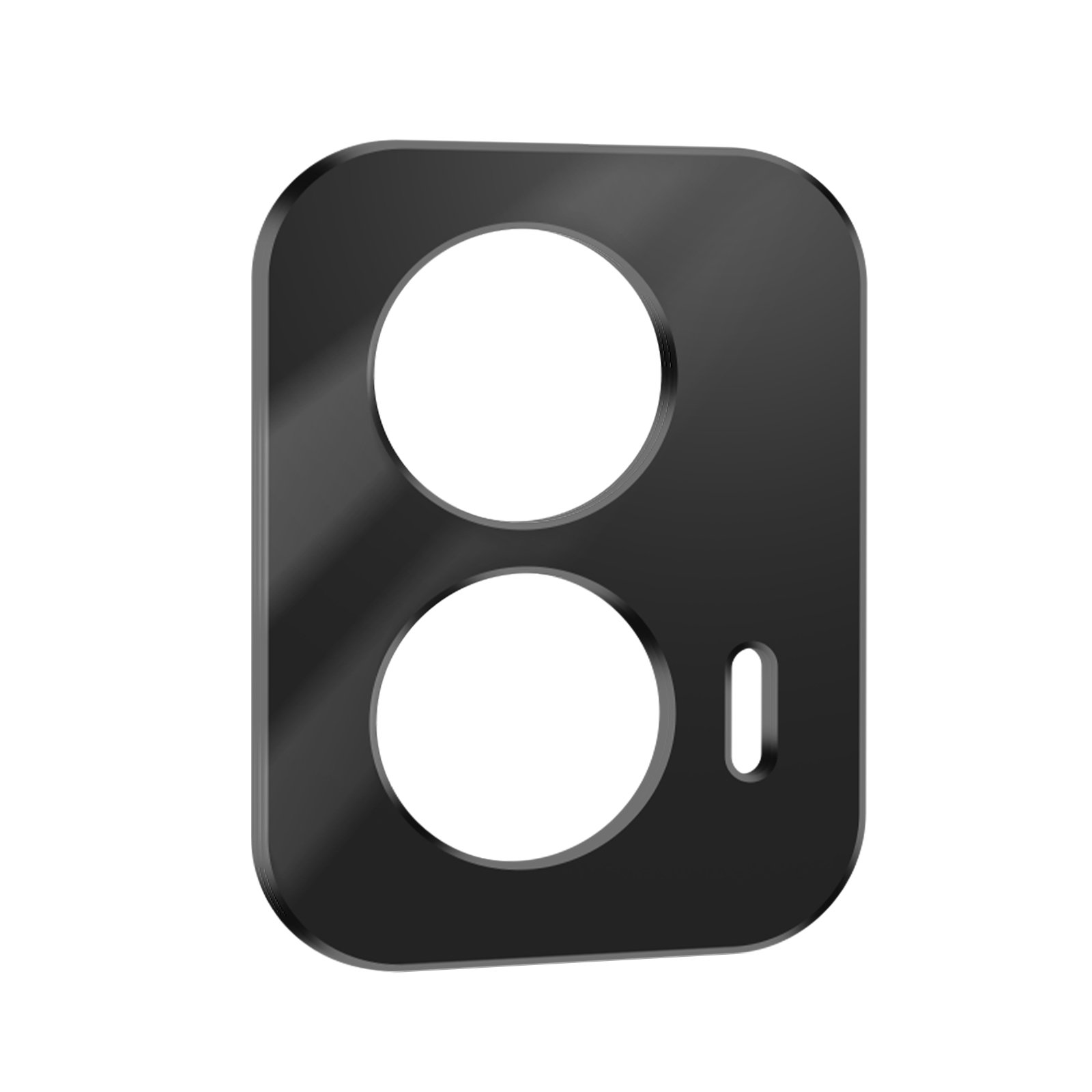 Protezione per obiettivo fotocamera nera con due grandi aperture circolari e una piccola apertura rettangolare su sfondo bianco.