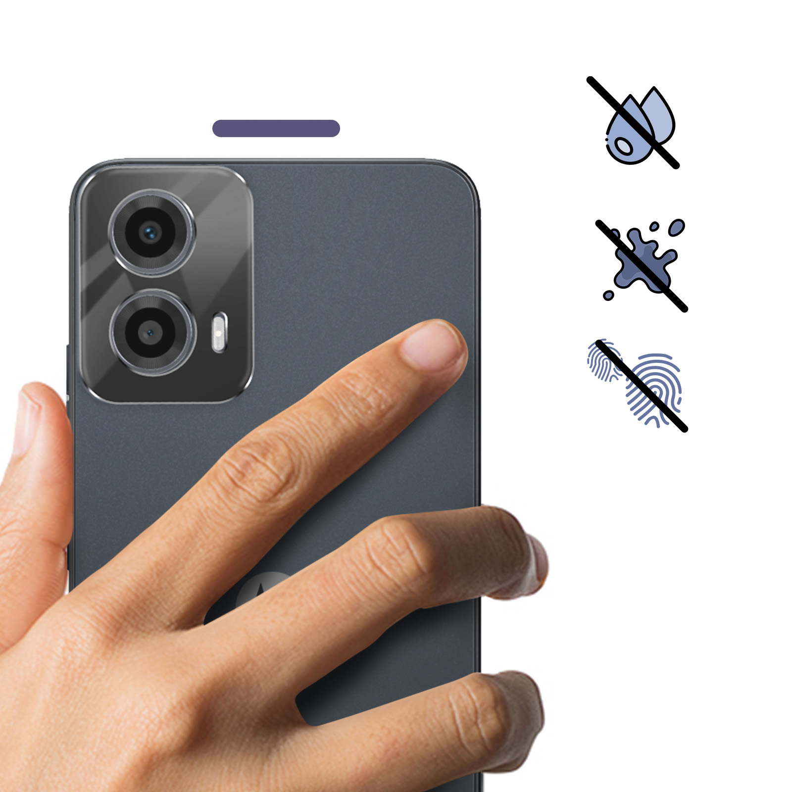 Mano che tocca uno smartphone grigio scuro. Le icone indicano che acqua, schizzi e impronte digitali sono bloccati.