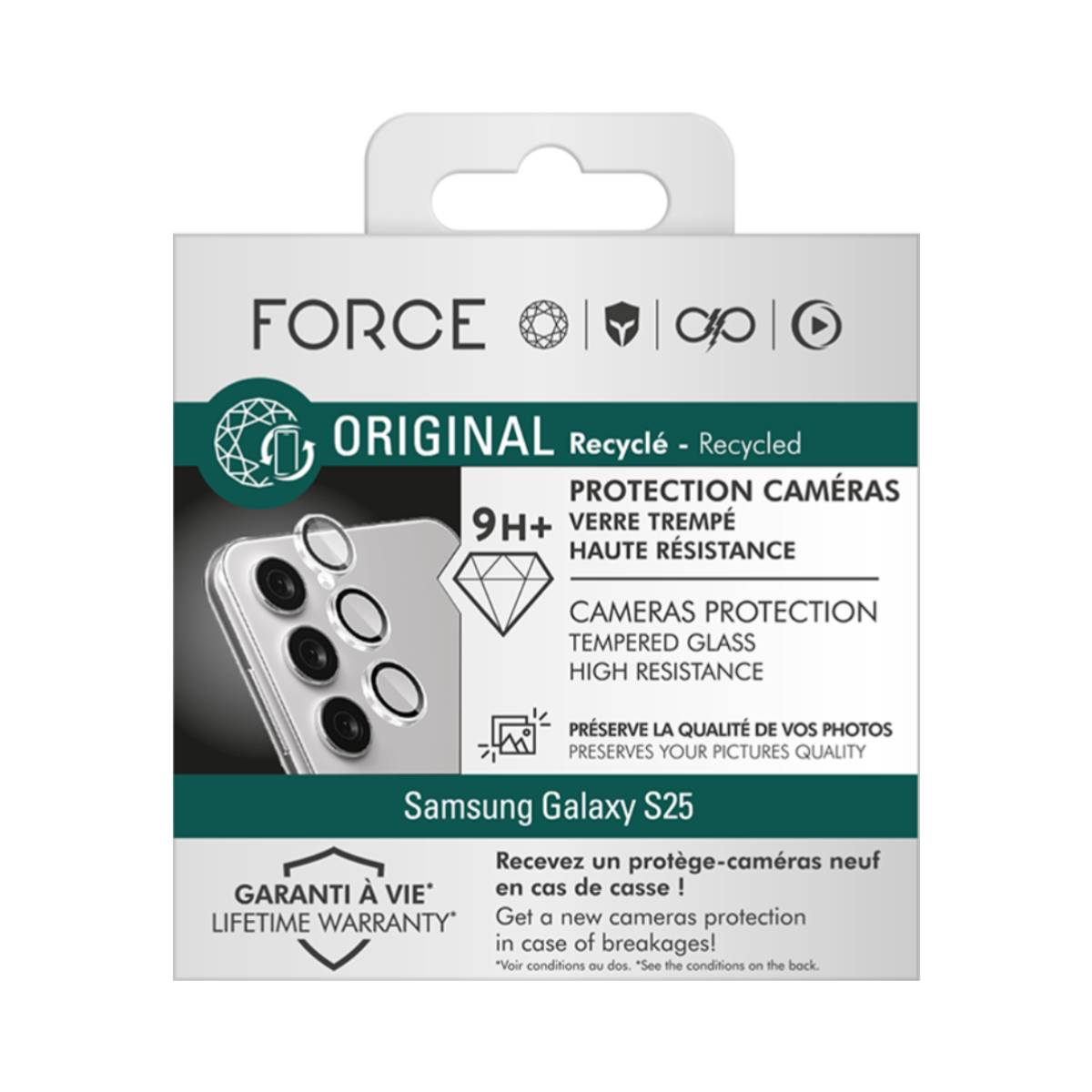 Telefoon camerabescherming verpakking. Met merknaam FORCE, productbeschrijving en een telefooncamera afbeelding.