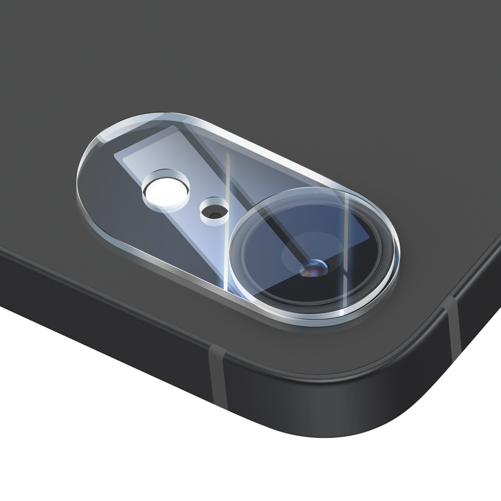 Close-up of a phone camera lens on a black phone. The lens is covered by a clear protective glass.