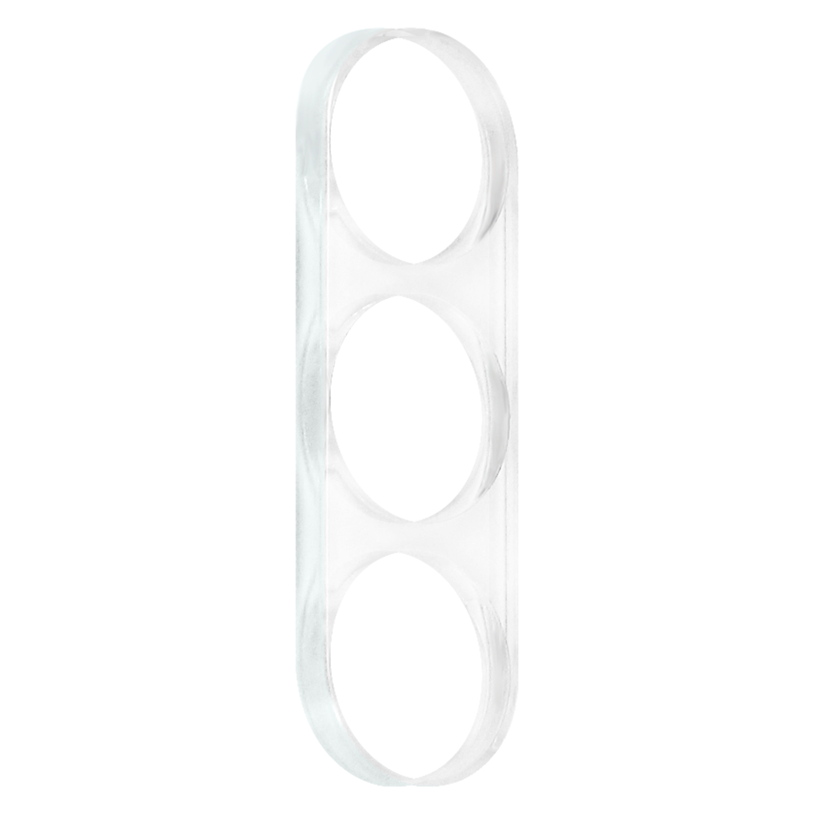 Una struttura di plastica trasparente con tre fori circolari disposti verticalmente su sfondo bianco.