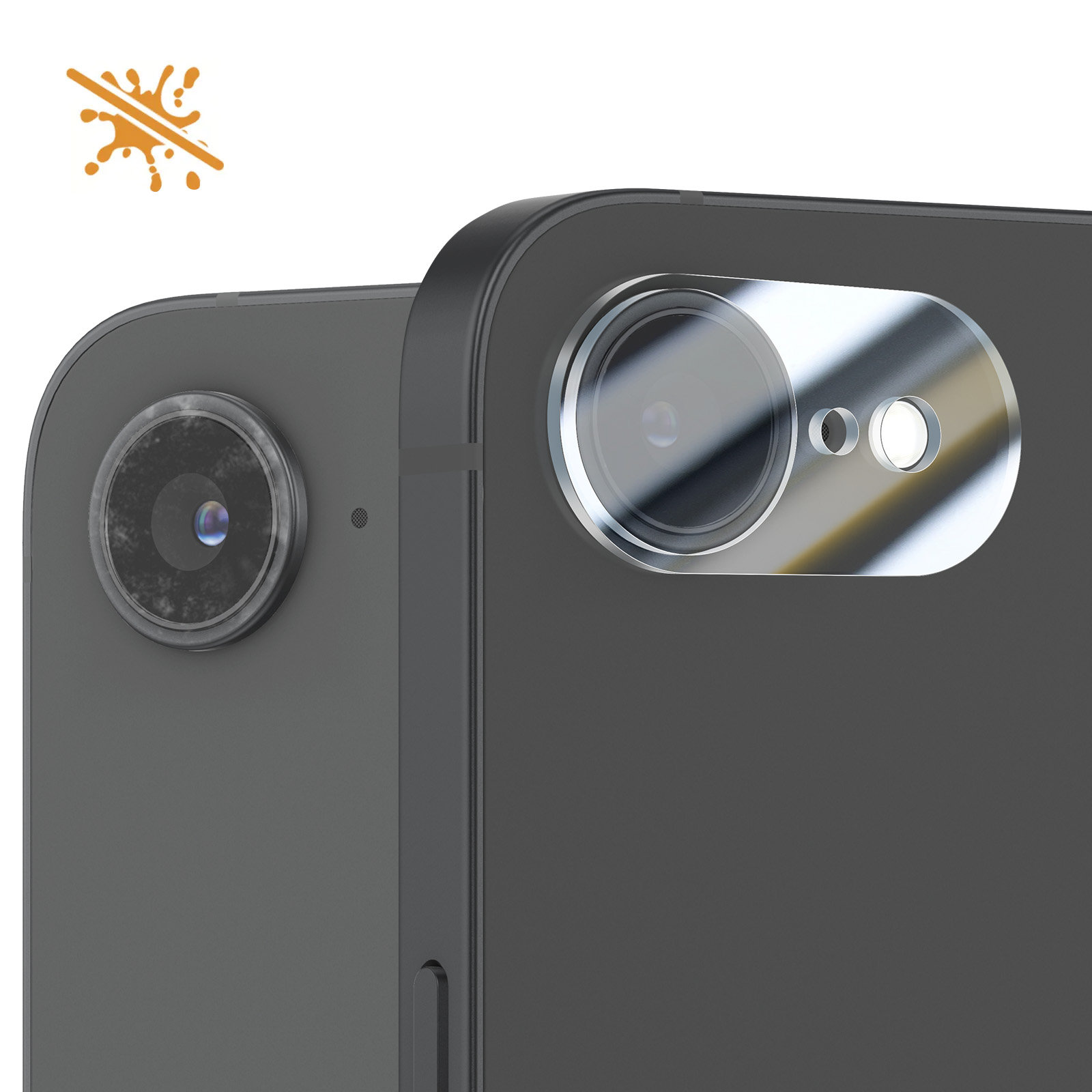 Two dark gray phone camera modules with lenses and a small flash. An orange stain with a slash through it is in the corner.