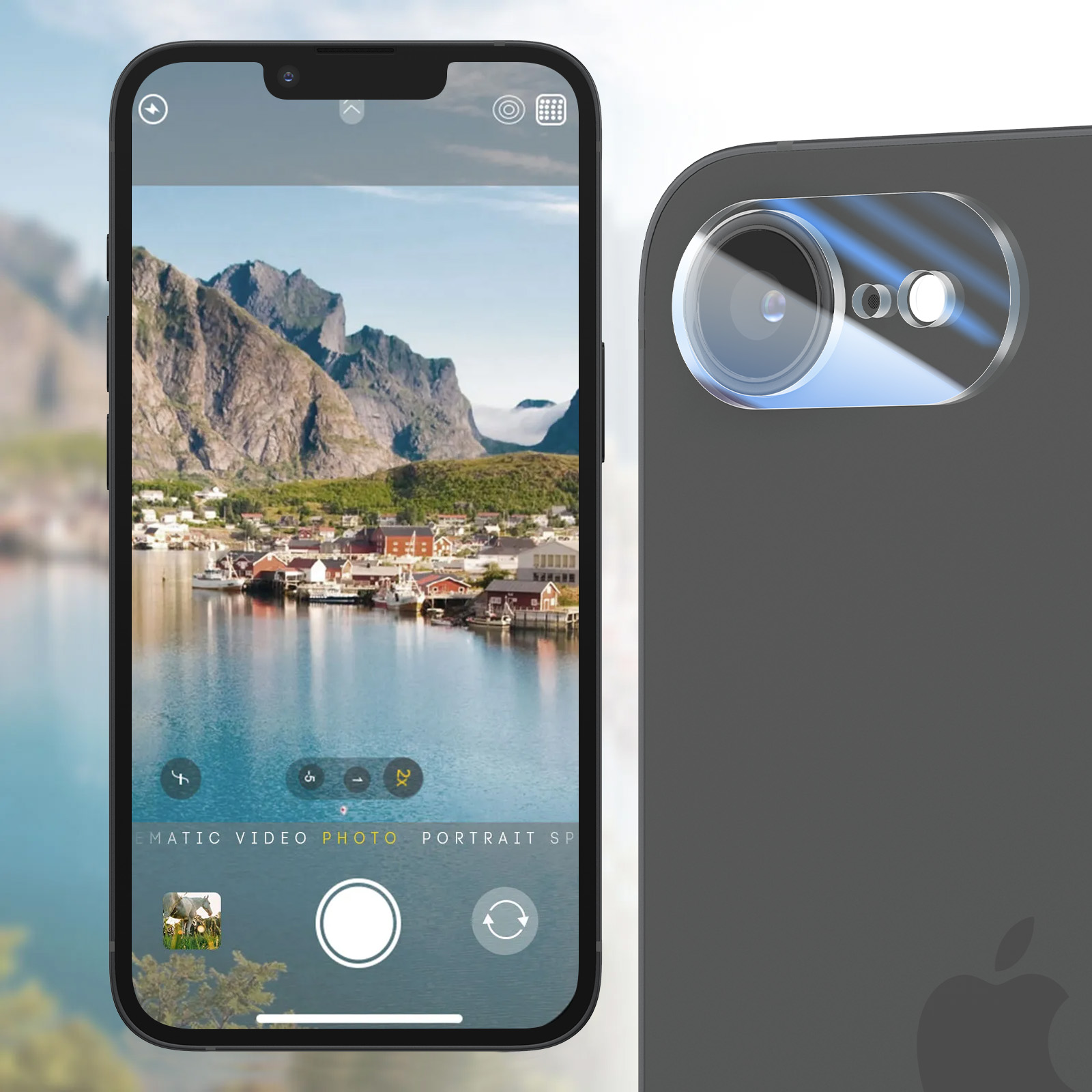 A phone displays a landscape photo of a village by a lake and mountains. The phone's back shows a camera module and the Apple logo.
