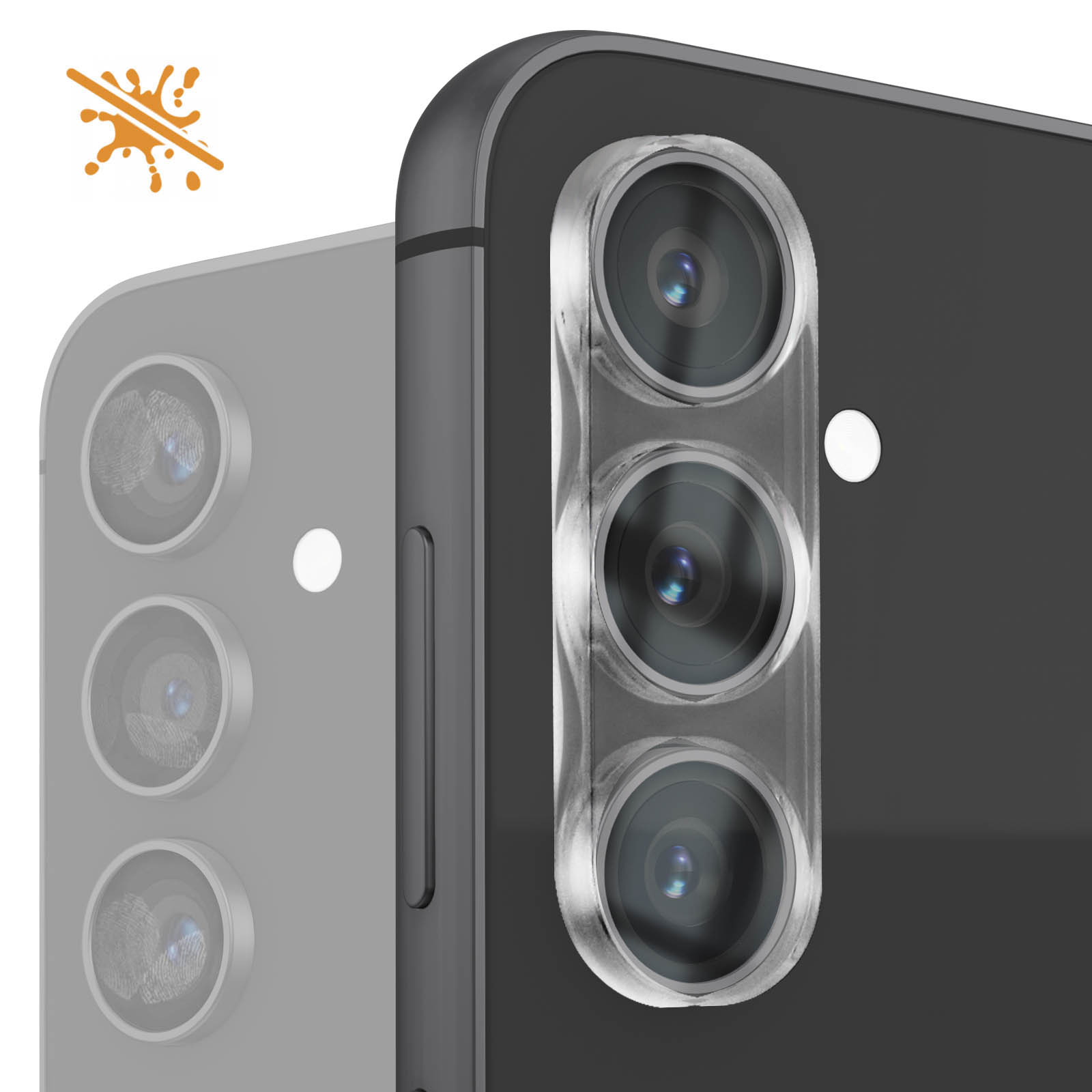 L'immagine mostra un primo piano di uno smartphone nero con una configurazione a tripla lente e un contorno grigio del telefono sullo sfondo.