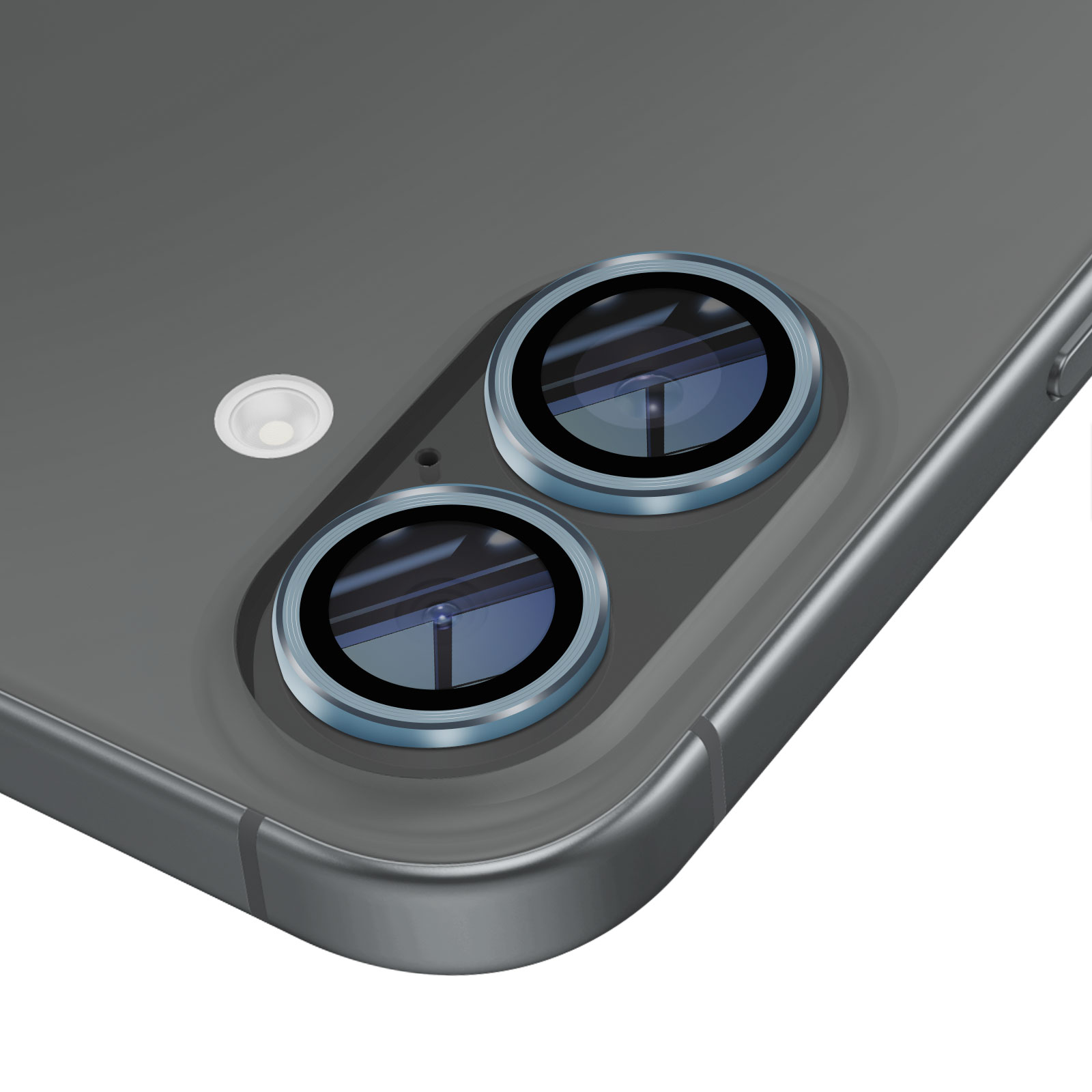 Primer plano de la parte trasera de un smartphone con dos lentes de cámara, un flash y una superficie gris. Las lentes son negras y plateadas.