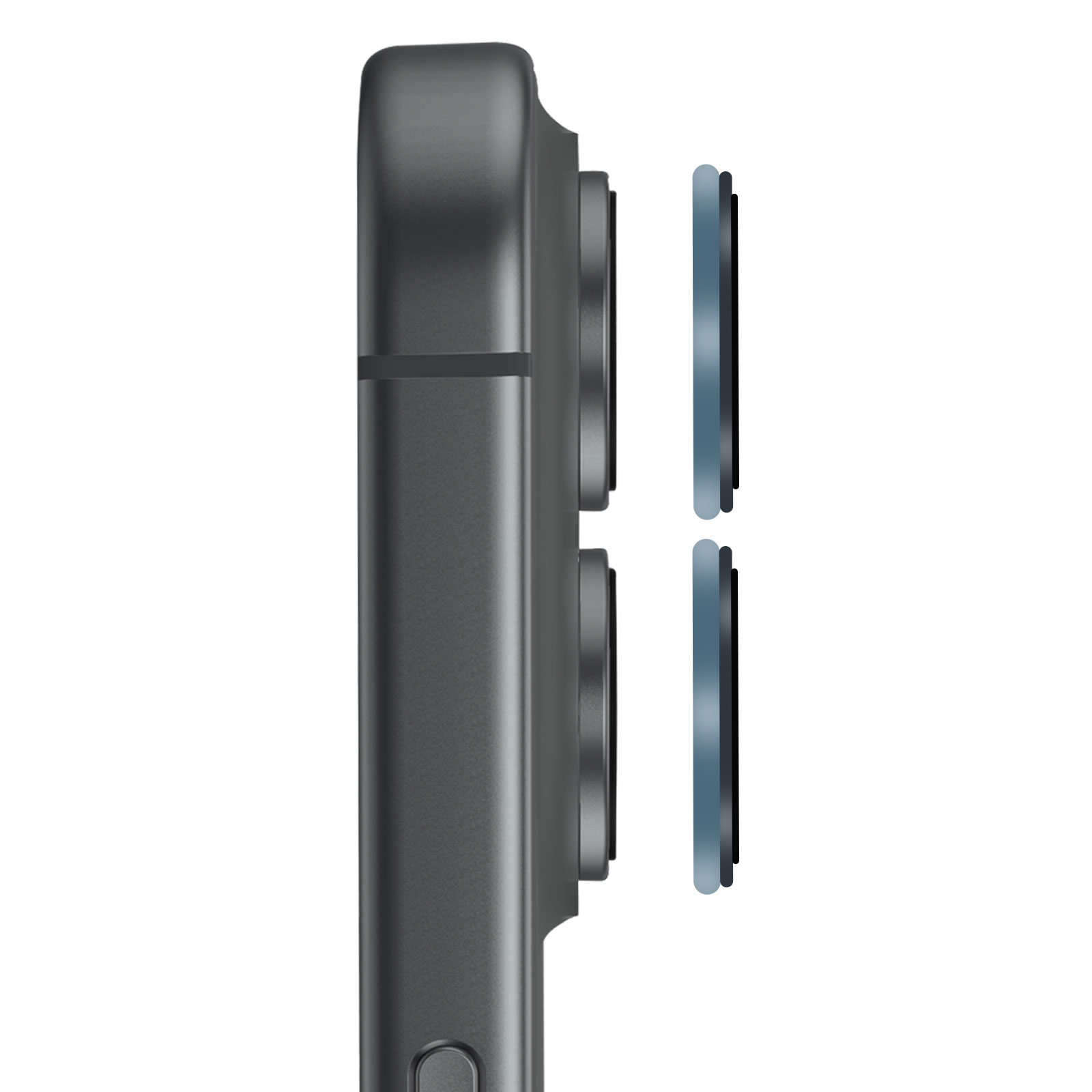 Primer plano de un smartphone gris oscuro con tres lentes de cámara en el lateral. Las lentes tienen un anillo negro y azul.