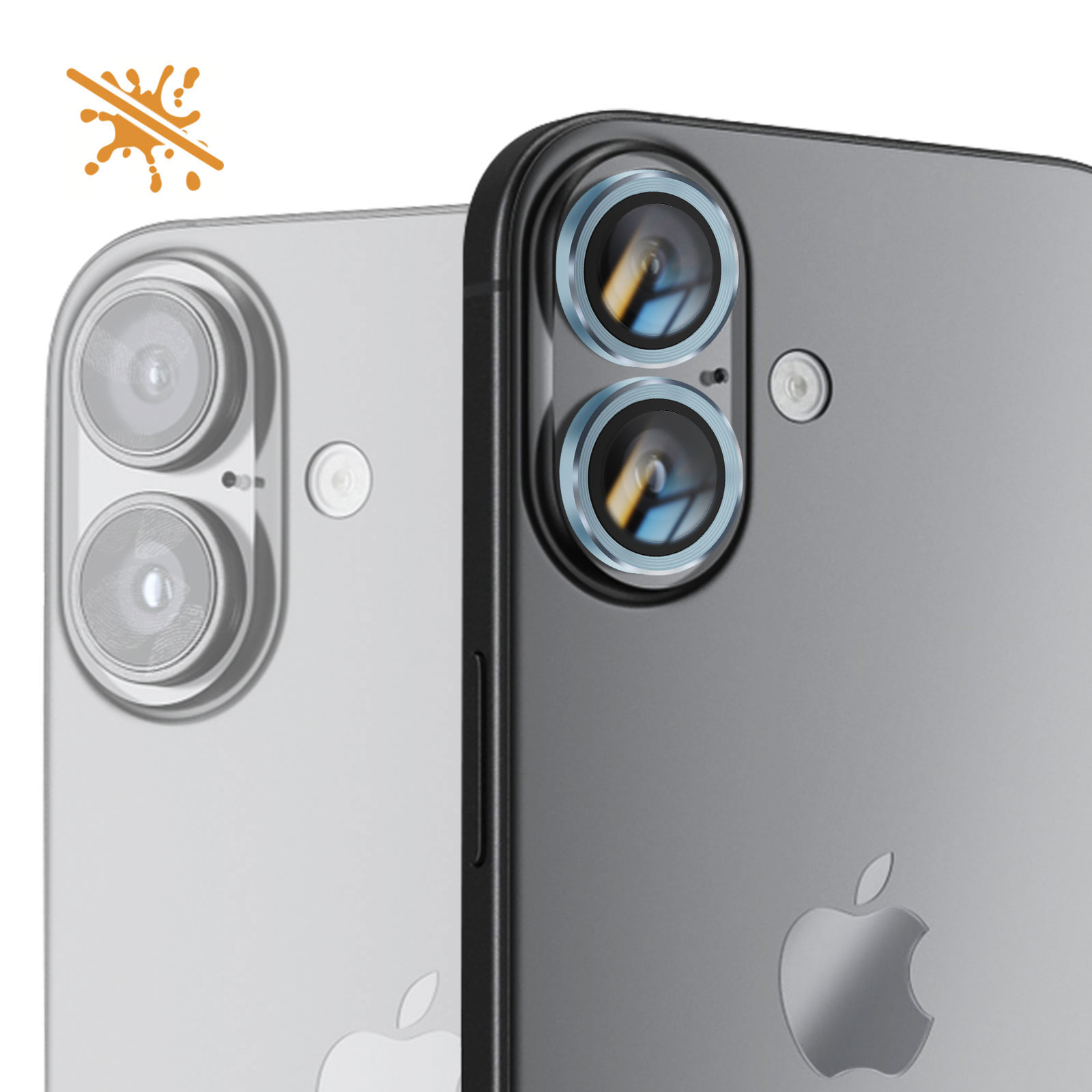 Dos respaldos de teléfono, uno plateado y otro gris oscuro, con lentes de cámara y un logotipo de Apple. Un icono de no salpicaduras está en la esquina.