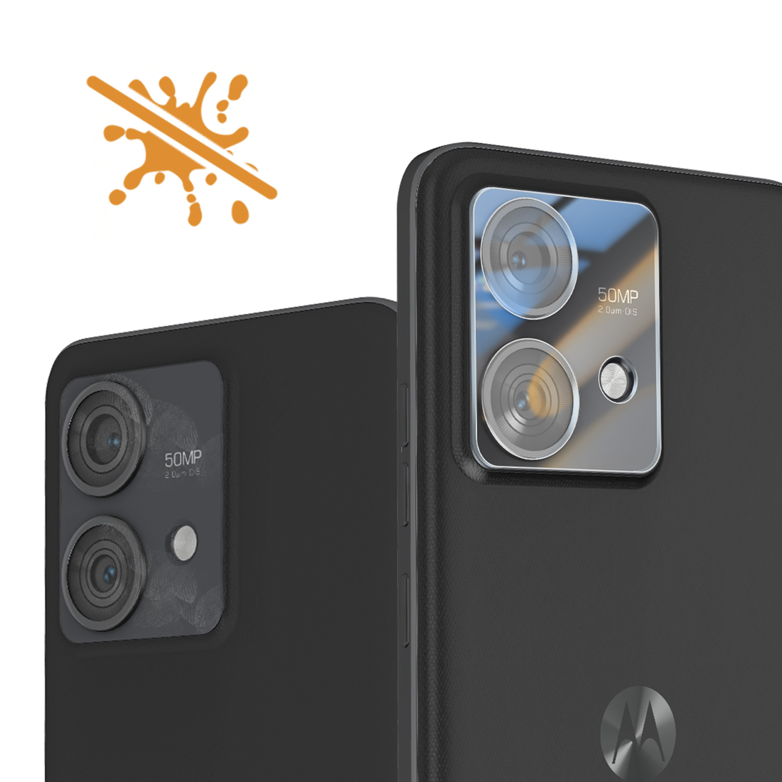 Vengono mostrati due smartphone neri con obiettivi della fotocamera. Uno schizzo arancione con una barra indica la resistenza all'acqua.