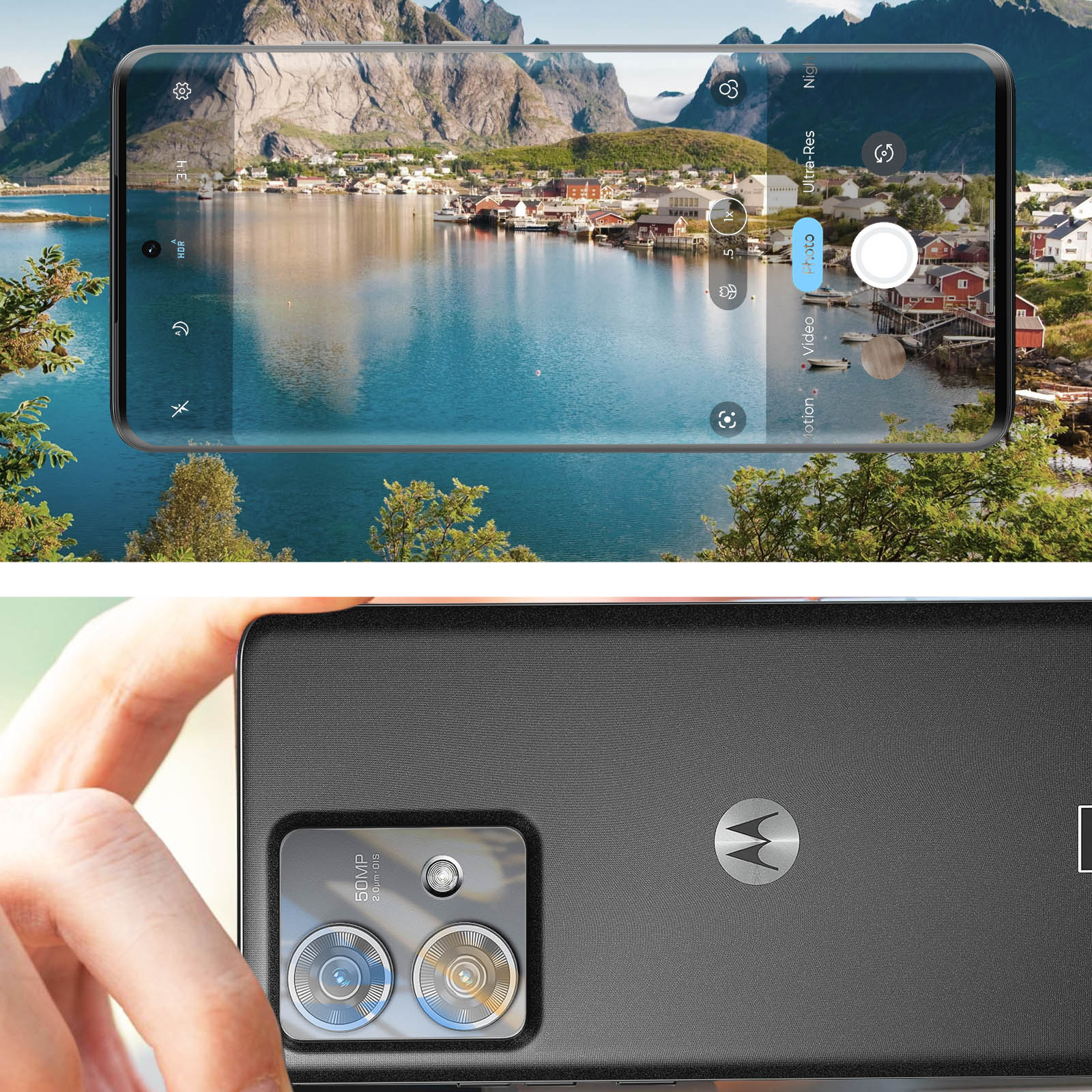 Uno smartphone mostra un panorama. È visibile il retro del telefono, con un modulo fotocamera e il logo Motorola.