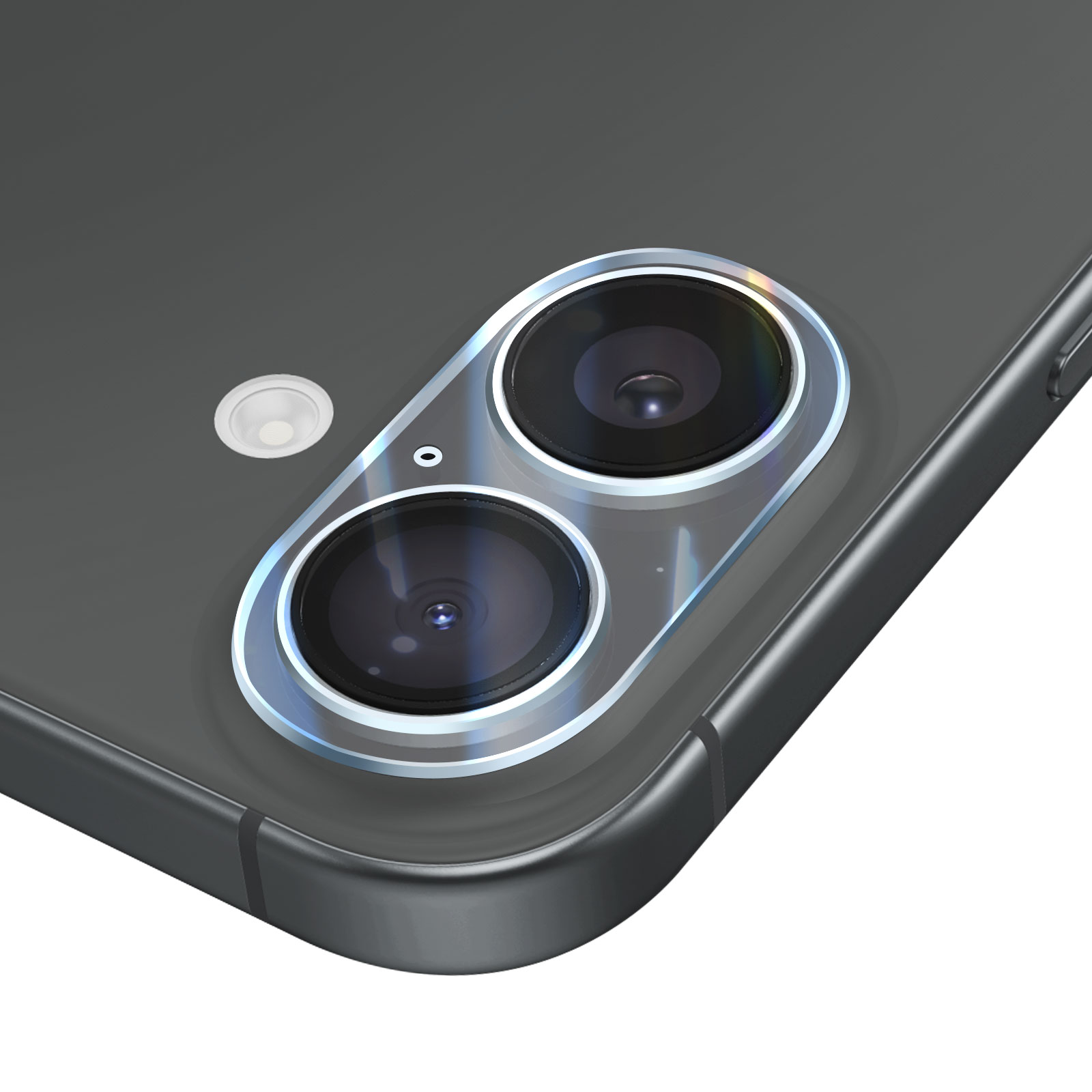 Primer plano del módulo de cámara de un smartphone. Dos lentes son prominentes, con una lente más pequeña y un flash al lado. El teléfono es gris.
