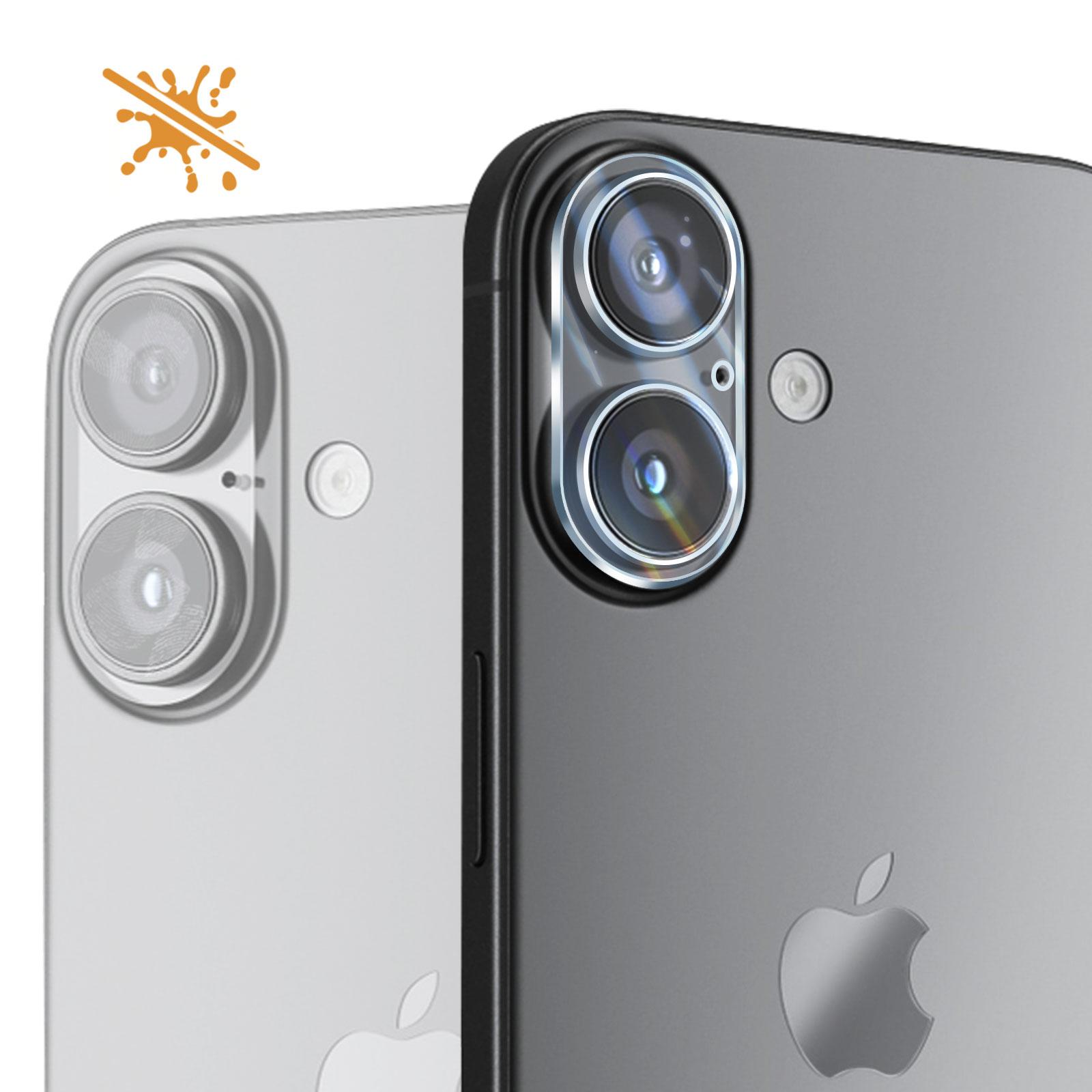 Primer plano de dos traseras de teléfonos inteligentes, una plateada, otra negra. Ambas tienen lentes de cámara y un logotipo de Apple. Una salpicadura naranja está tachada.