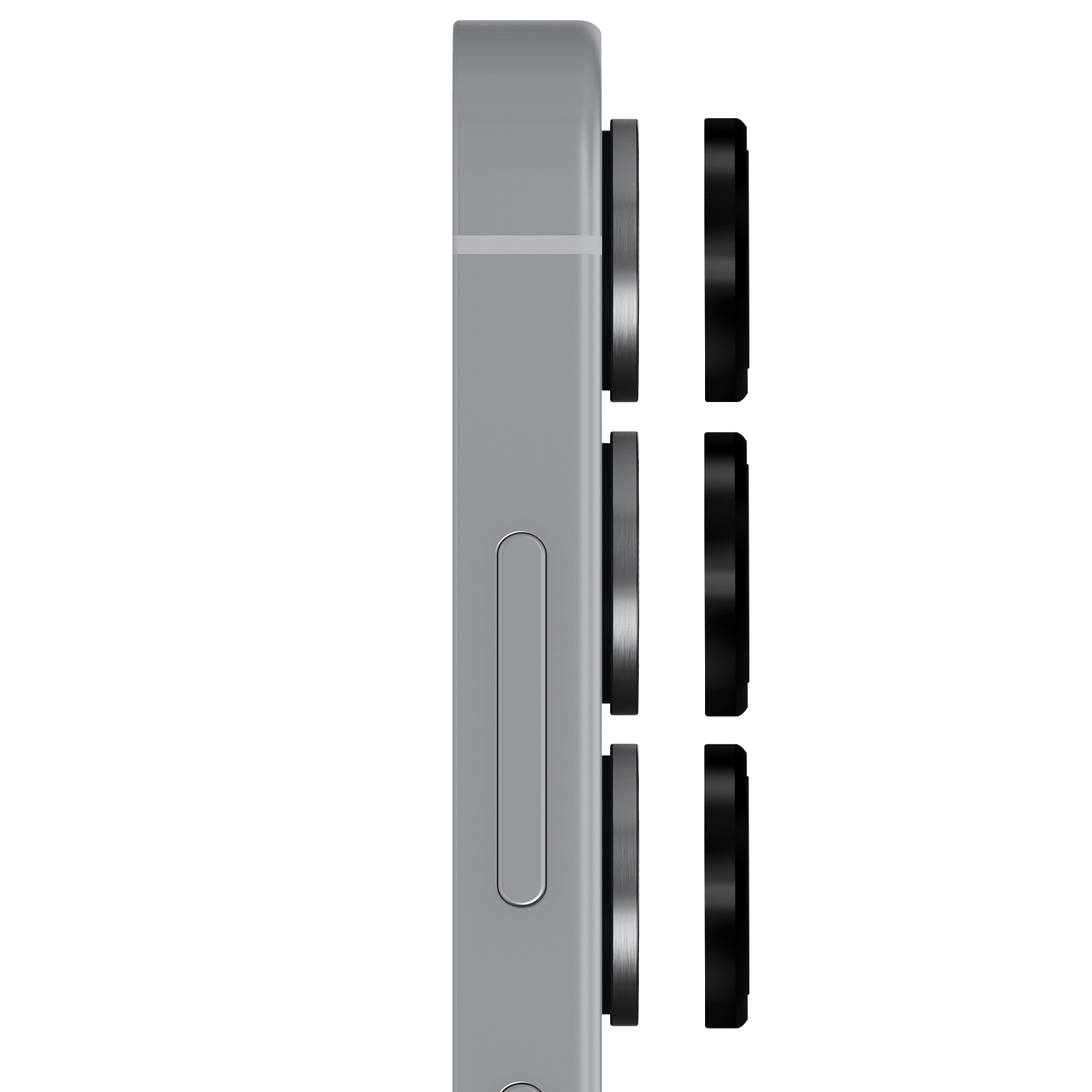Vista laterale di uno smartphone grigio con tre obiettivi neri e un pulsante laterale, su sfondo bianco.