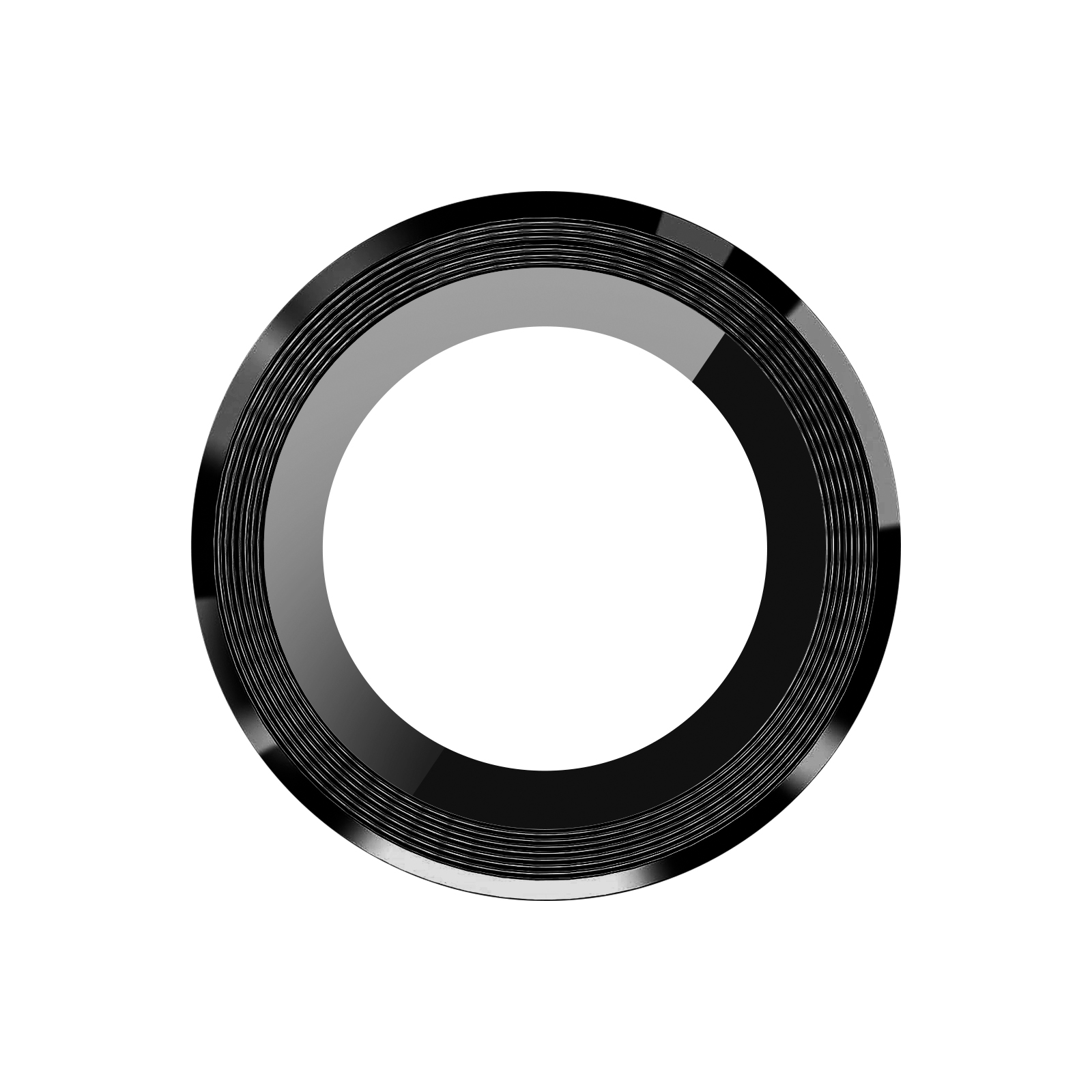 Un oggetto circolare nero e grigio con un centro bianco. Ha anelli concentrici neri e grigi, con finitura lucida.