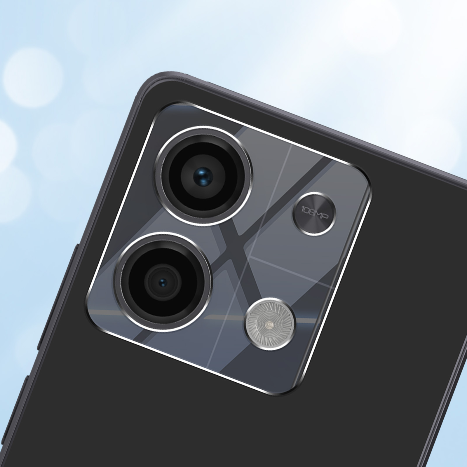 Primer plano de la parte trasera de un teléfono con lentes de cámara. Se ven tres lentes y un flash. El teléfono es negro, con fondo azul.