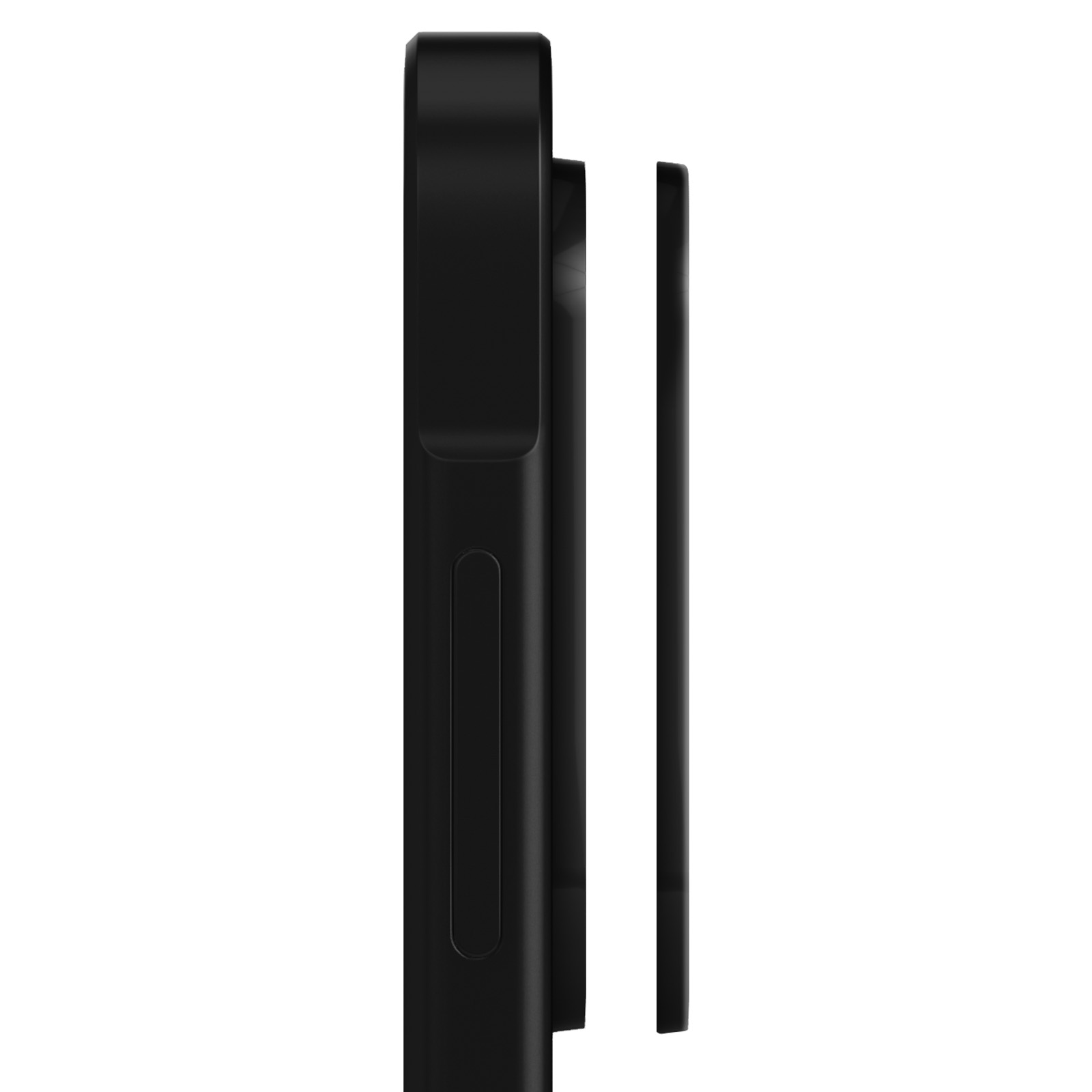 Dispositivo nero, vista laterale. Una cornice rettangolare nera con una barra nera più sottile e adiacente. Sfondo bianco.
