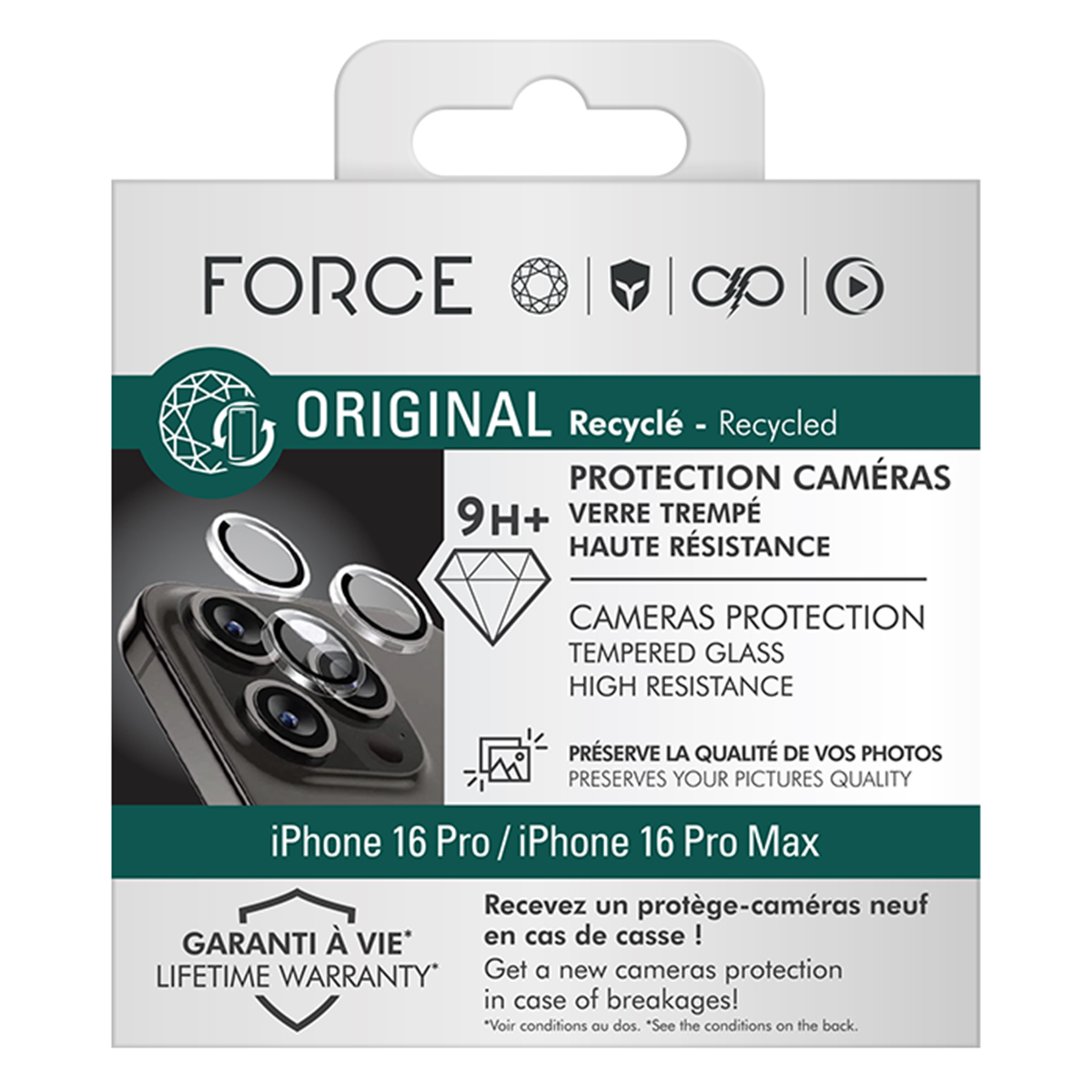 Boîte de produit pour protection de caméra iPhone 16 Pro/Max. Avec marque, détails du produit et image de caméra. Garantie à vie incluse.
