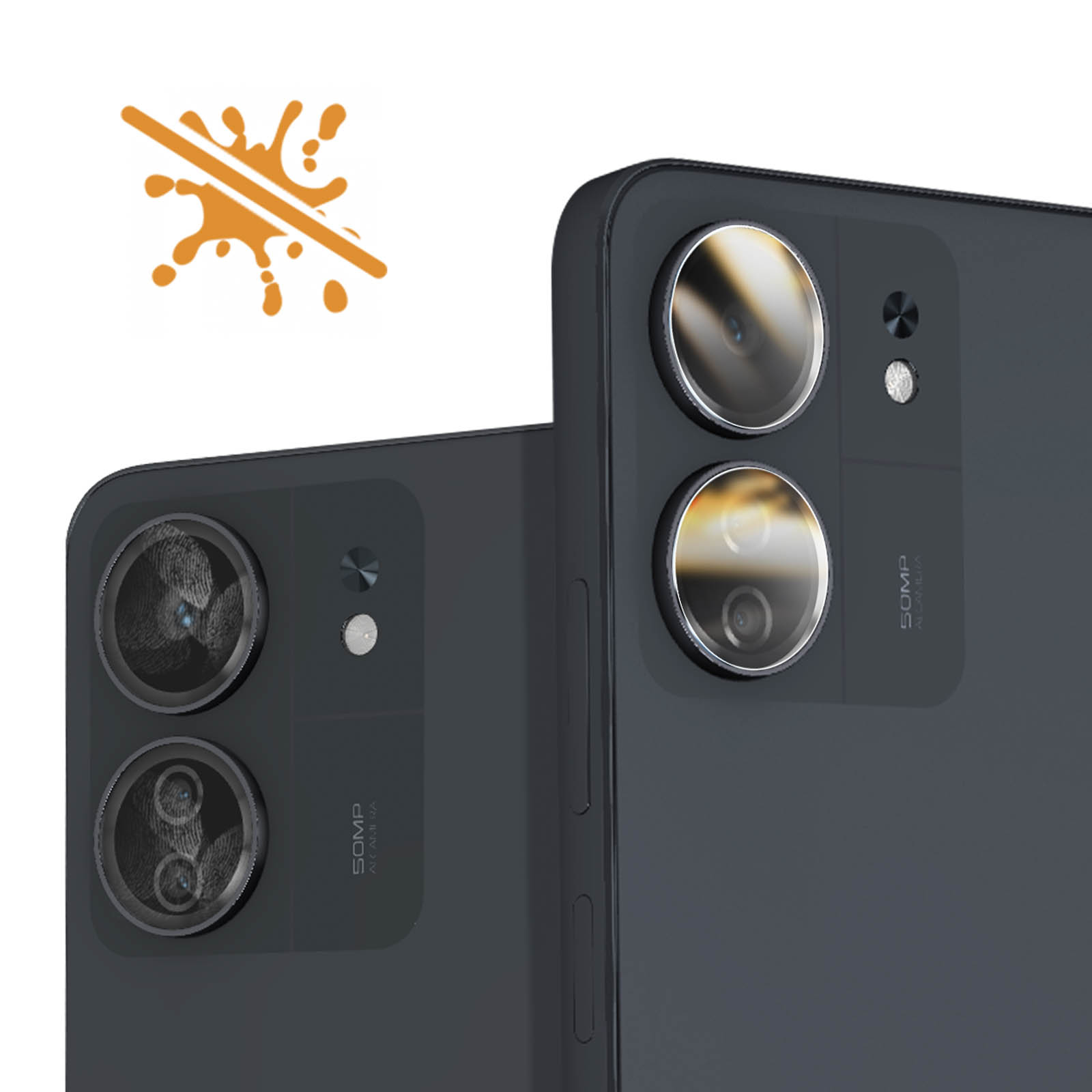 Sono visibili due smartphone grigio scuro con fotocamere a doppia lente. In alto c'è uno schizzo arancione con una linea che lo attraversa.