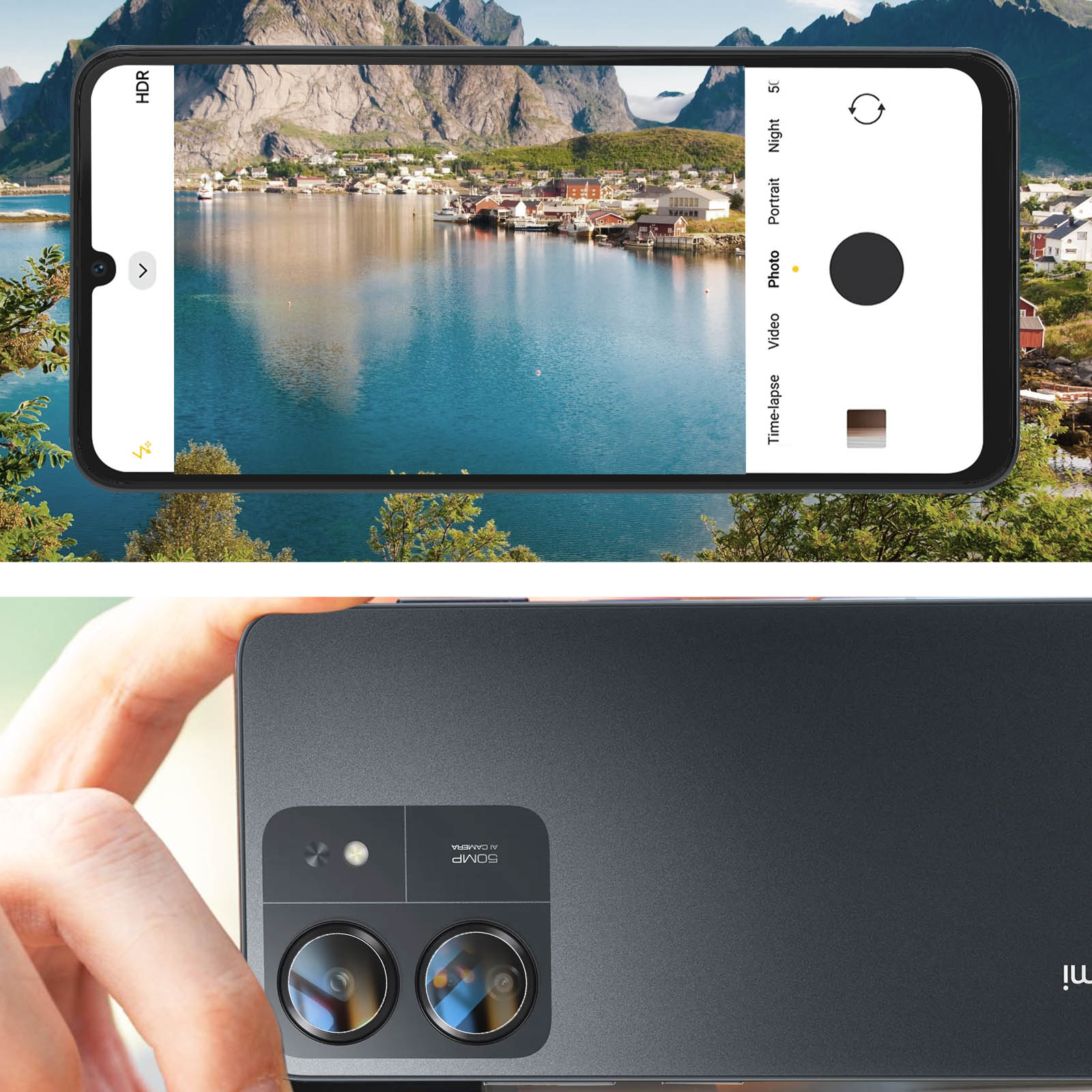 Un telefono mostra un paesaggio panoramico con montagne, acqua ed edifici. Il retro mostra una fotocamera con due lenti.