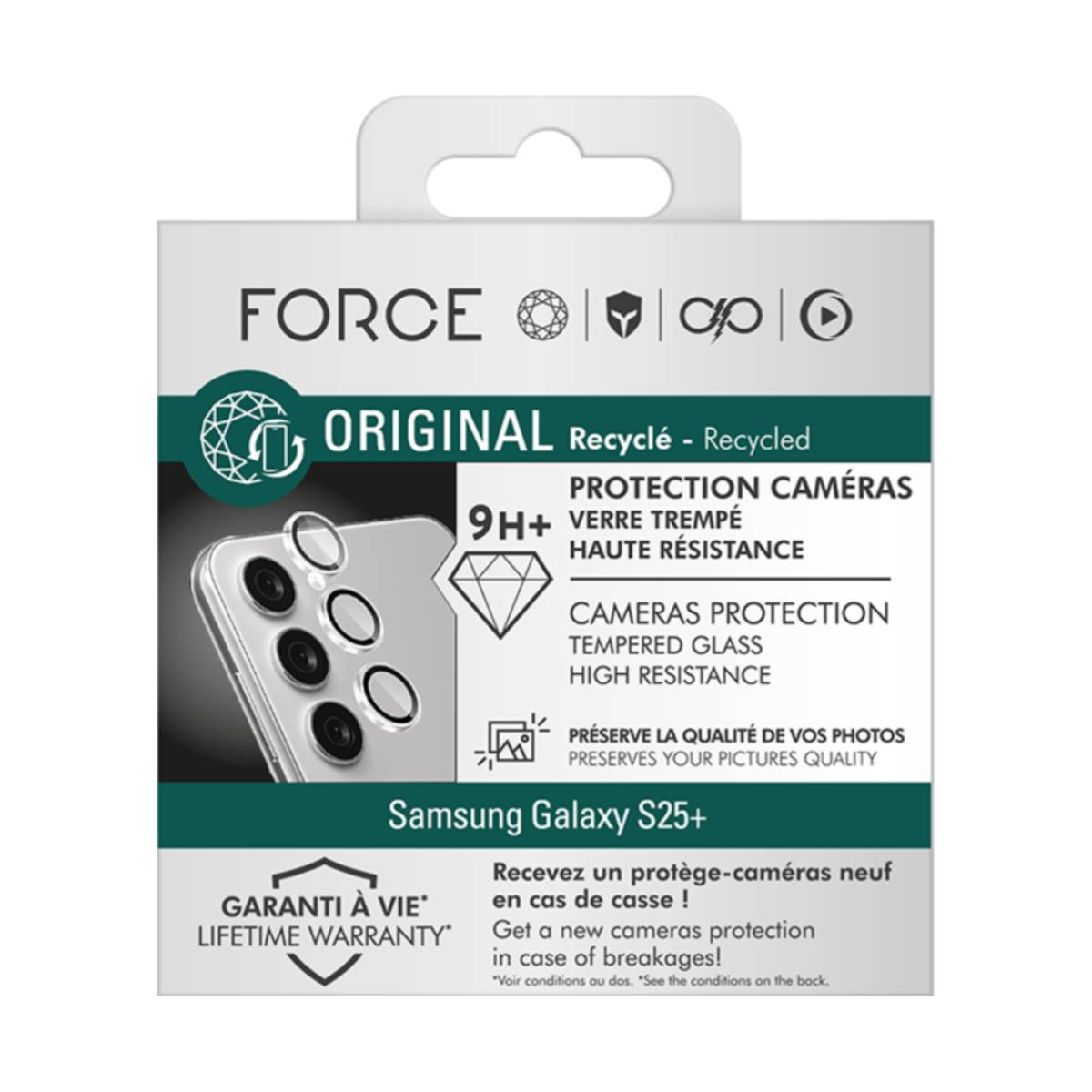 Verpakking voor Samsung Galaxy S25+ camerabescherming. Kenmerken: 'Original', 'Recycled', 'Tempered Glass' en 'Lifetime Warranty'.