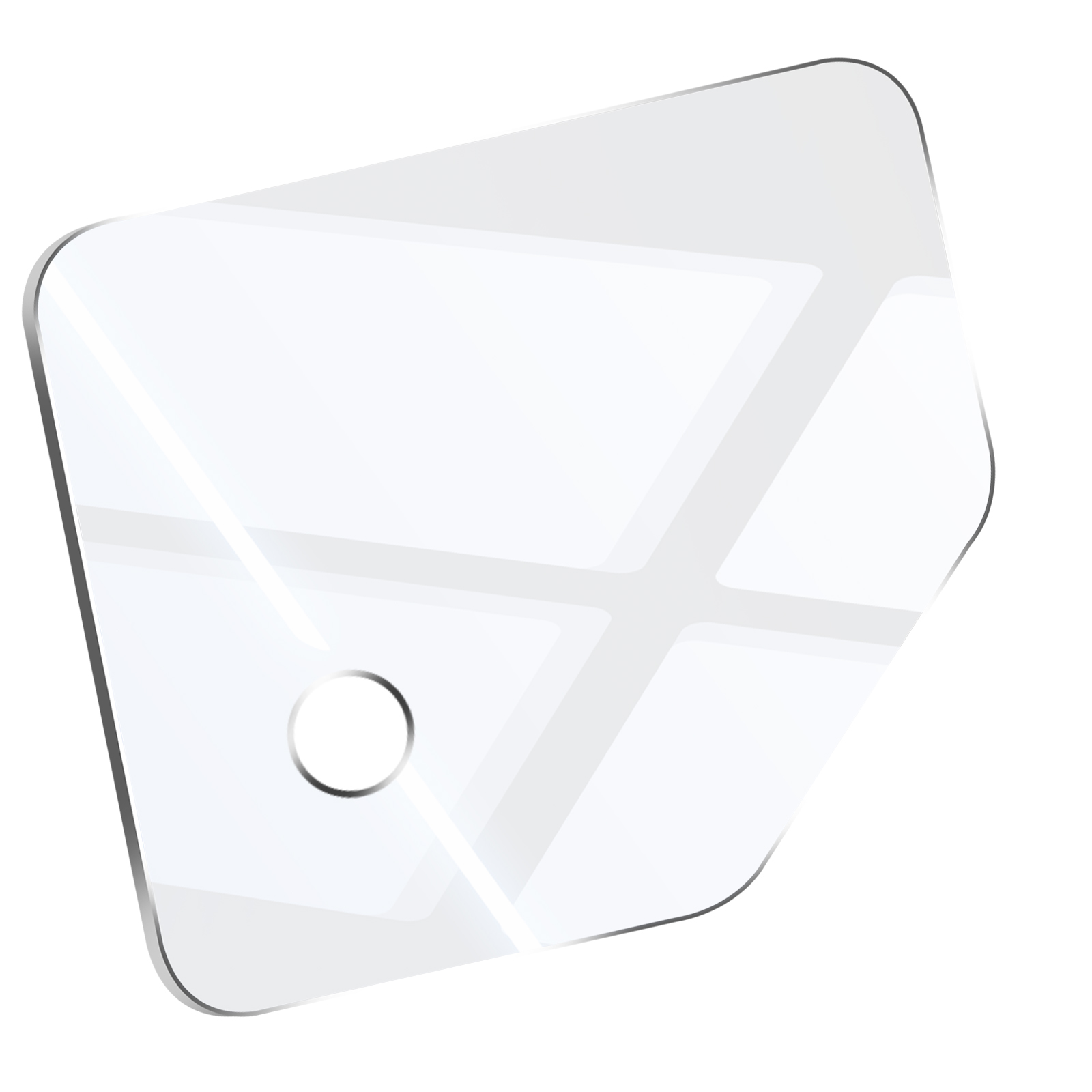 Un oggetto bianco di forma irregolare con angoli arrotondati e bordo argentato. Visibile un piccolo foro circolare.